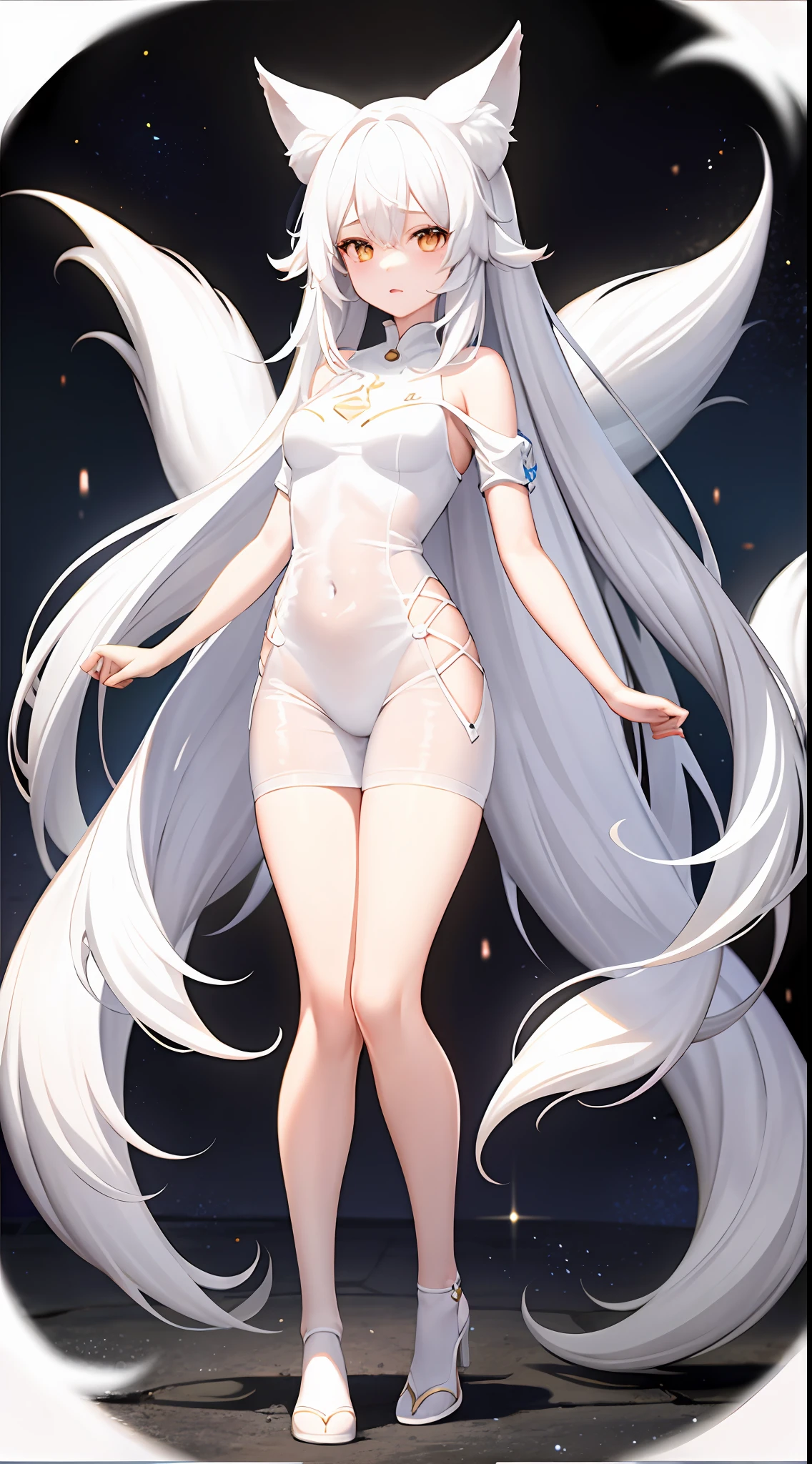 1girll, Full body like，White hair, long whitr hair，Messy hair，Translucent clothes，NSFW，White fox ears，White fox tail，比基尼，folds，folds，folds