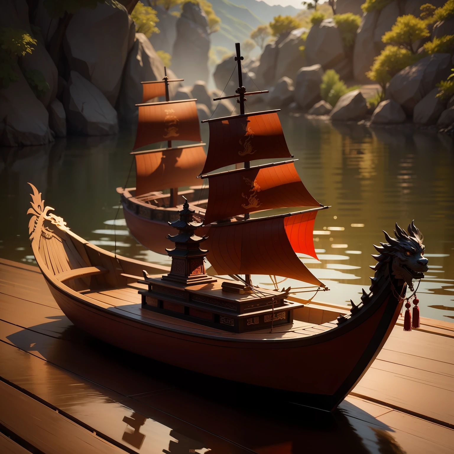 Chinese dragon boats,A small boat has a wooden Chinese dragon on the bow,(Local close-up),(light and shadow effect),(tmasterpiece),(detailed descriptions),(film effect),(4k高清)
