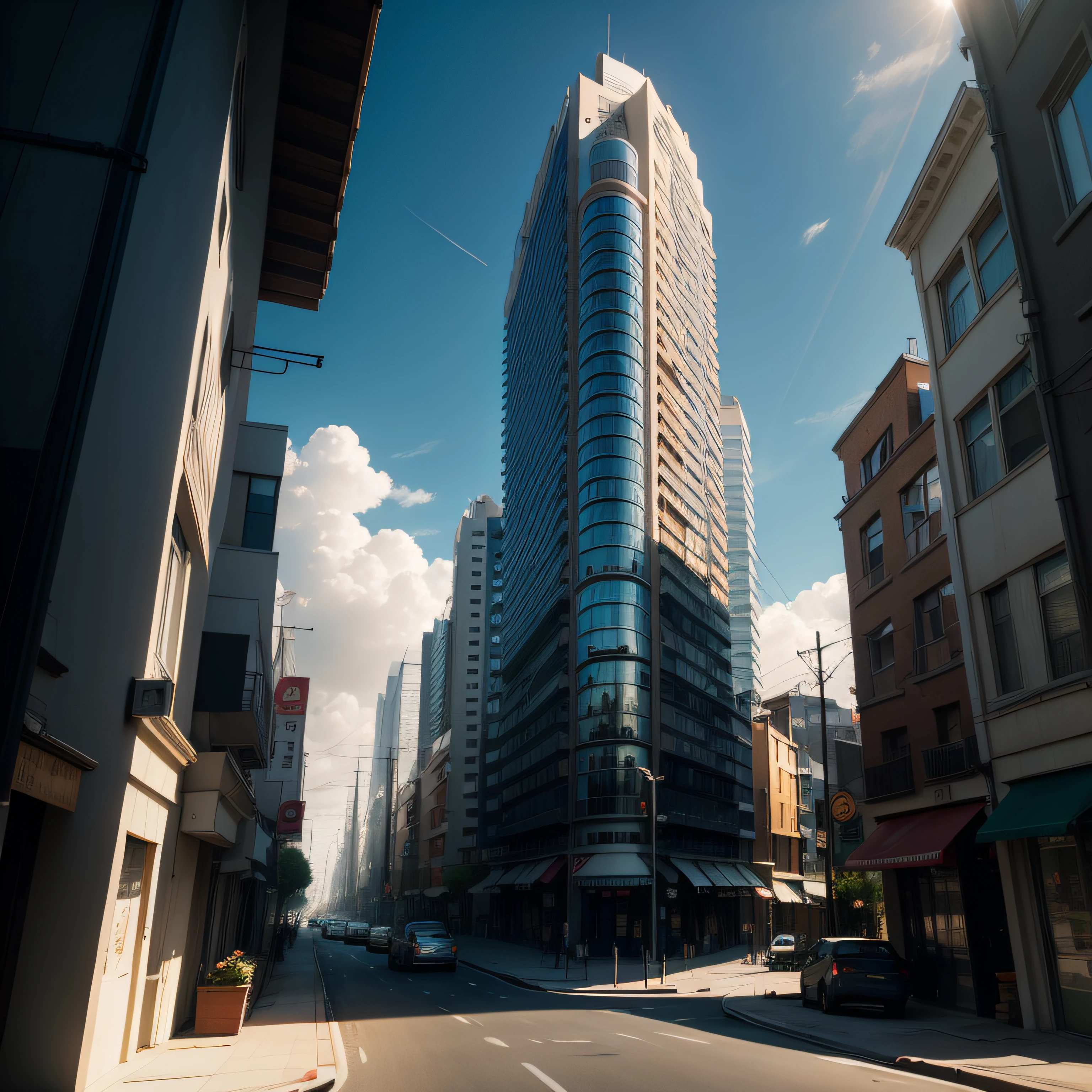 heavenly body，the street，tall house，In the daytime