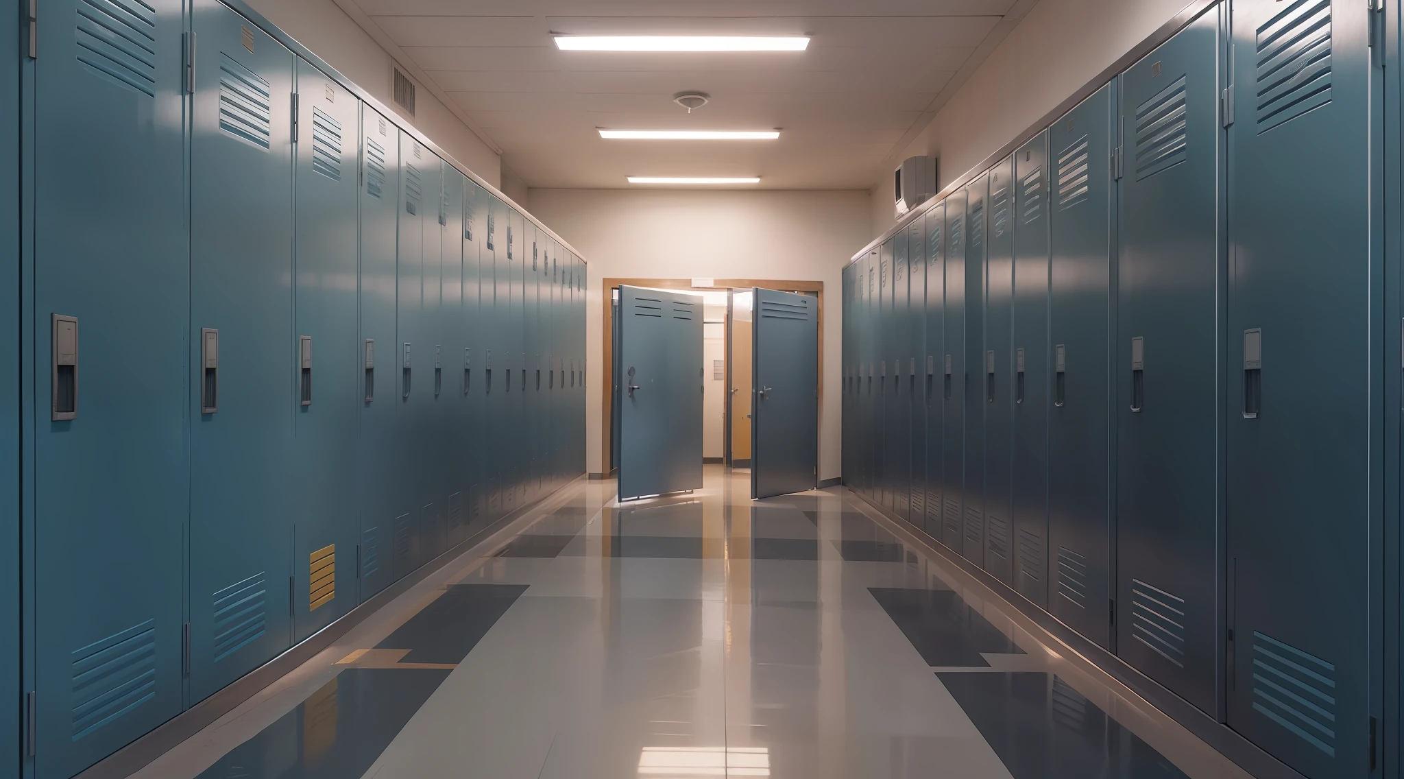 corredor de escola, Alunos siando da sala, Student lockers on the right, pintura envelhecida, noite, 8k, maximum detailed, alta qualidade