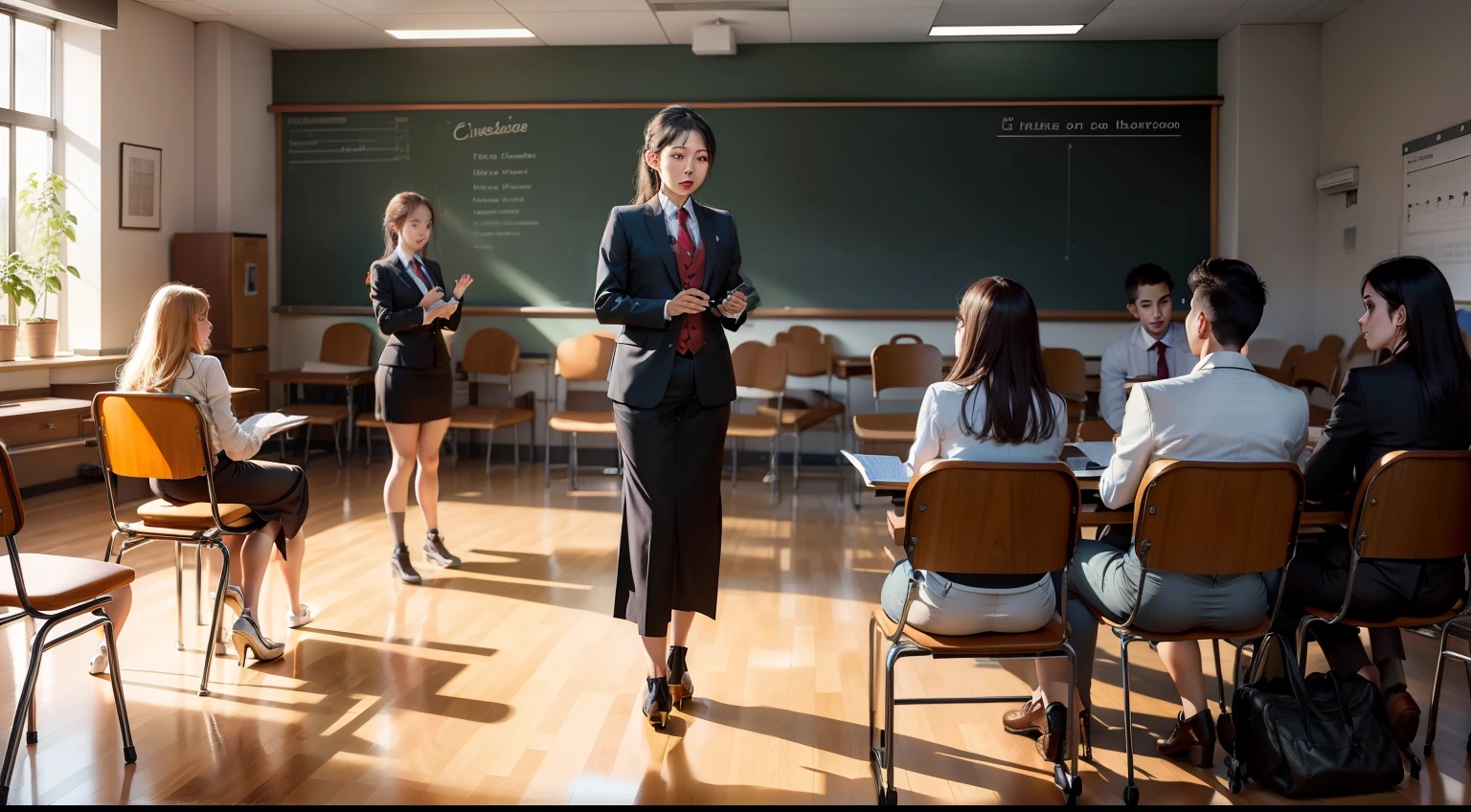 Music classroom，Several people sat together，stools，Sit in a circle，discuss，cheer，mtu，woman，Business suit，offcial dress