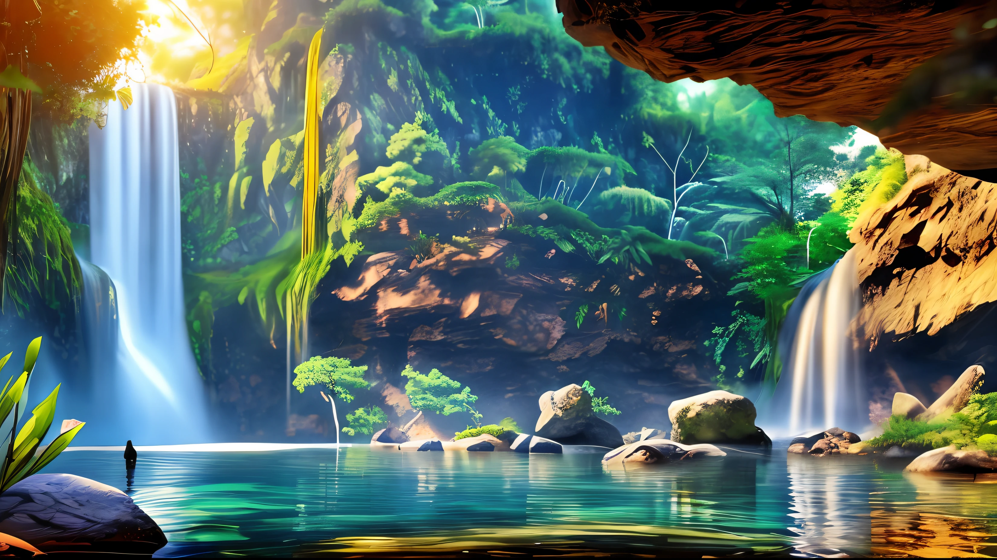 Chinese ancient times, spring, jungle, lake, cave, waterfall, tree, meadow, rock, deer, hot spring, water vapor, (illustration: 1.0), epic composition, realistic lighting, HD details, masterpiece, best quality, (very detailed CG unified 8k wallpaper)
