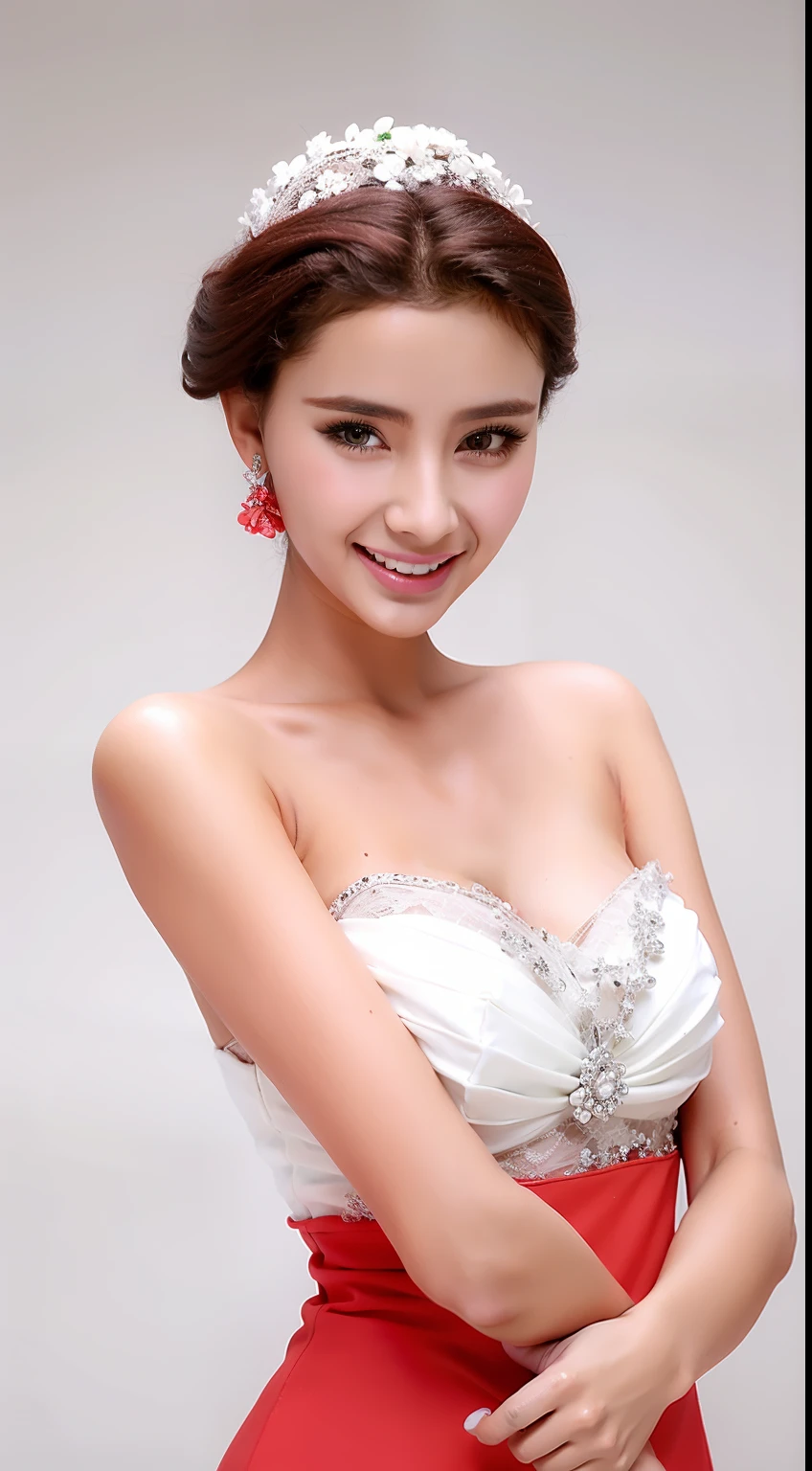 Fashion model 18 years old [[[[closeup cleavage]]]], [[[[boobgasm]]]], [[[[coll]]]], [[[[bshoulders]]]], perfect  eyes, Perfect iris，perfect lips，perfect teeth，Perfect skin，Long face，HDR，red attire，white apparel，White or pink flowers on the background，（pastel colour：1.2）
