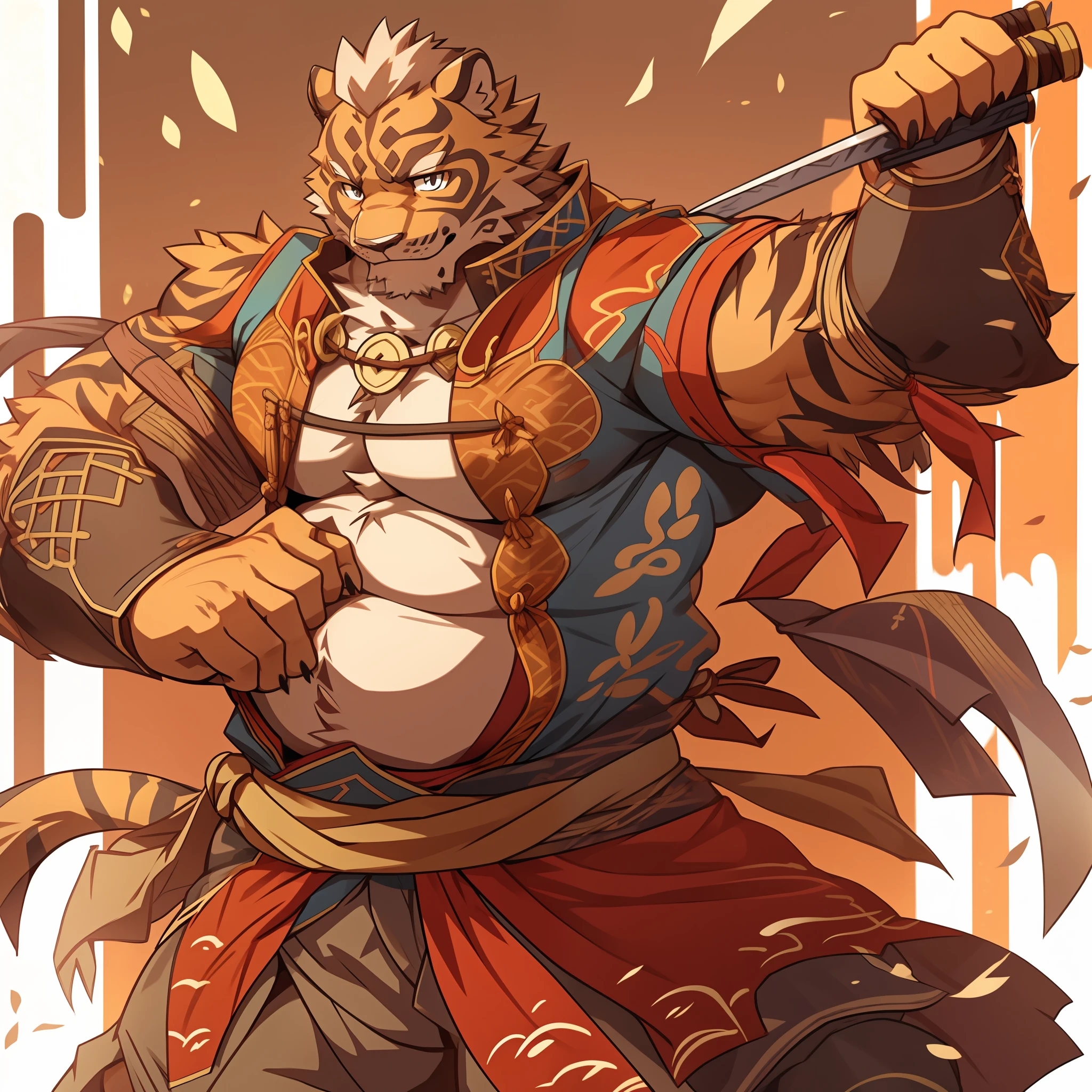 Lin Hu,musculature,tit,Fat Chubby,Wear a katana,potbelly,Plump and firm,Huge protrusions on the lower body,Wear a katana,Samurai style,Sword in hand,Five fingers