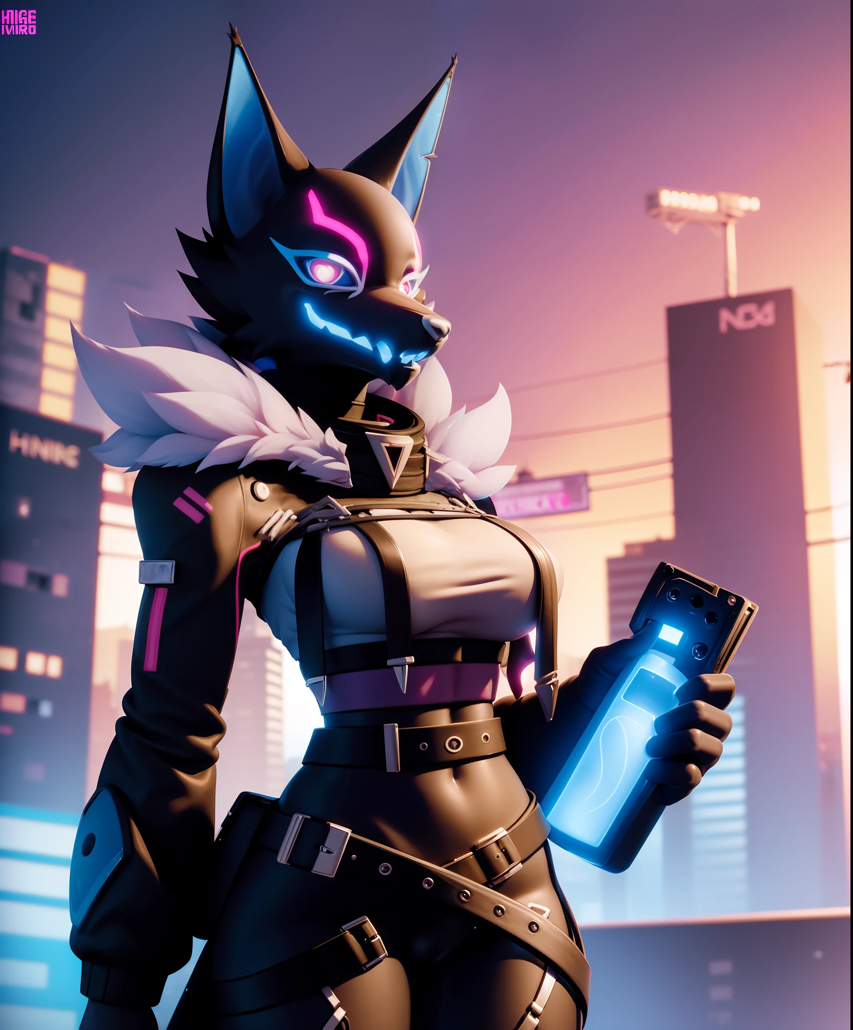 highwire, furry female anthro, wolf girl, standing, portrait, tranquil, solo, (body fur:1.2), (best quality), (cyberpunk city background:1.2), medium breasts, dramatic lighting, detailed fluffy fur, looking at viewer, detailed fluffy fur, crop top,