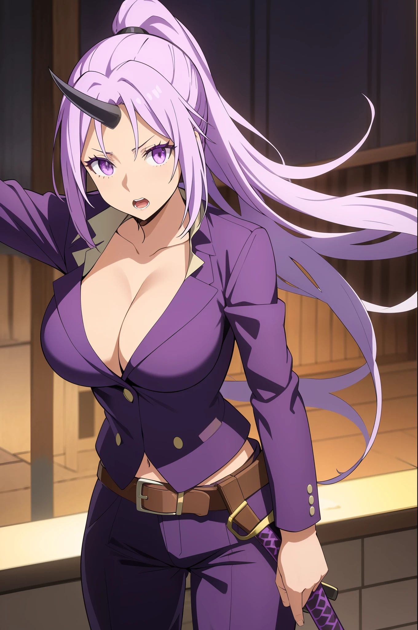 Shion 
1girl, belt, breasts, cleavage, collarbone, holding, holding_sword, holding_weapon, horns, katana, large_breasts, long_hair, open_mouth, pants, ponytail, purple_eyes, purple_hair, purple_jacket, shirt, simple_background, single_horn, solo, sword, very_long_hair, weapon, white_background