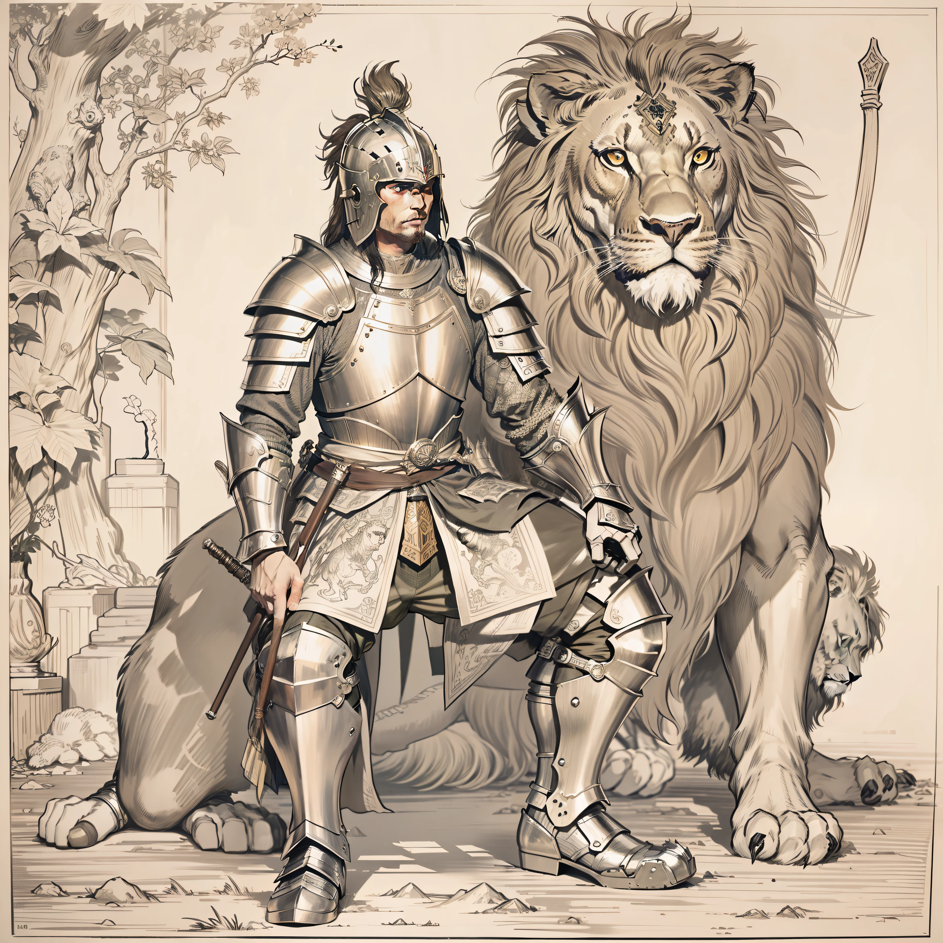 Classical beautiful knight, standing style, full of medieval armor and weapons, squatting next to a lion, Etching, Ukiyo-e art, One-line drawing.