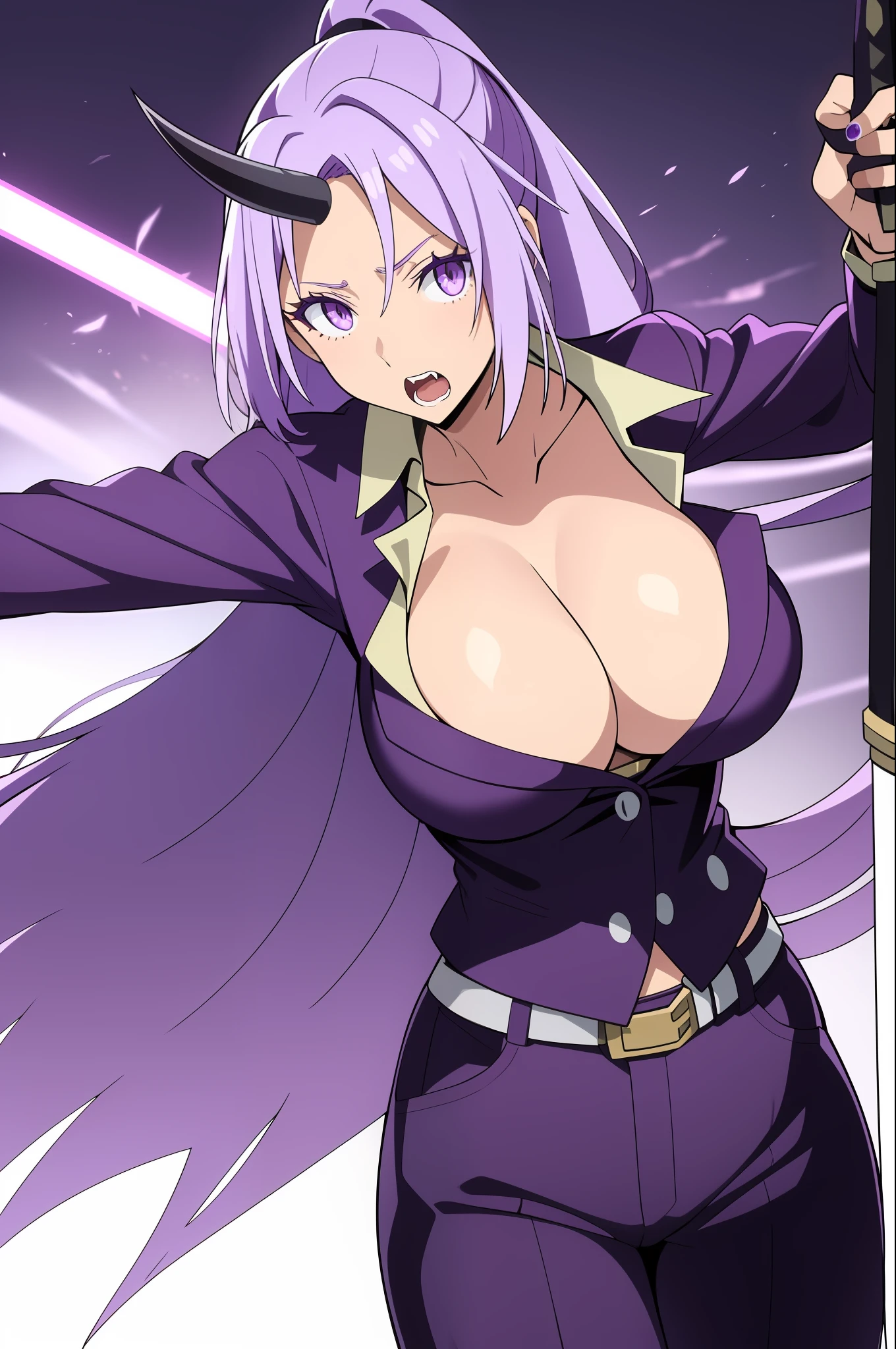 Shion 
1girl, belt, breasts, cleavage, collarbone, holding, holding_sword, holding_weapon, horns, katana, large_breasts, long_hair, open_mouth, pants, ponytail, purple_eyes, purple_hair, purple_jacket, shirt, simple_background, single_horn, solo, sword, very_long_hair, weapon, white_background