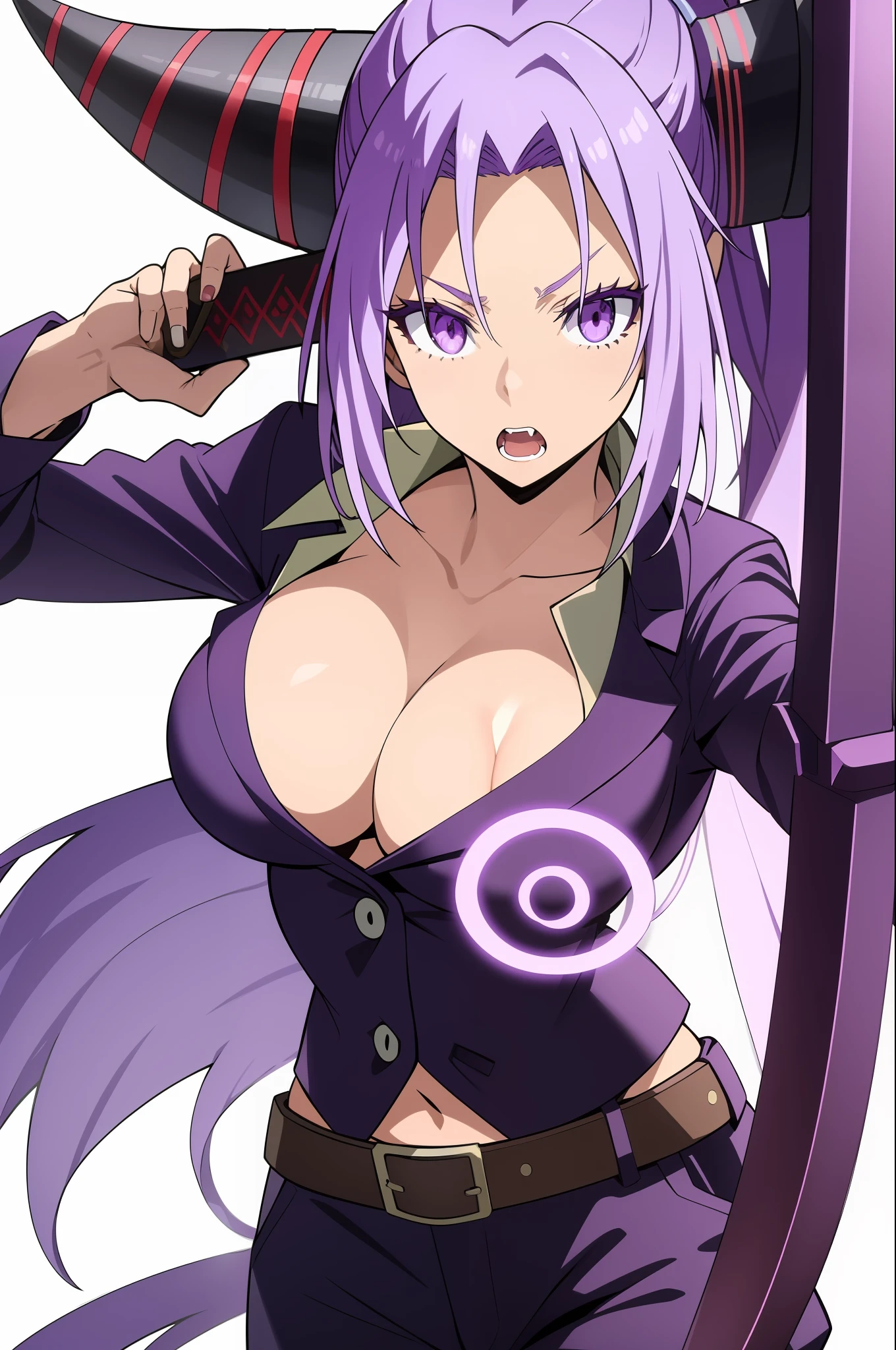 Shion 
1girl, belt, breasts, cleavage, collarbone, holding, holding_sword, holding_weapon, horns, katana, large_breasts, long_hair, open_mouth, pants, ponytail, purple_eyes, purple_hair, purple_jacket, shirt, simple_background, single_horn, solo, sword, very_long_hair, weapon, white_background