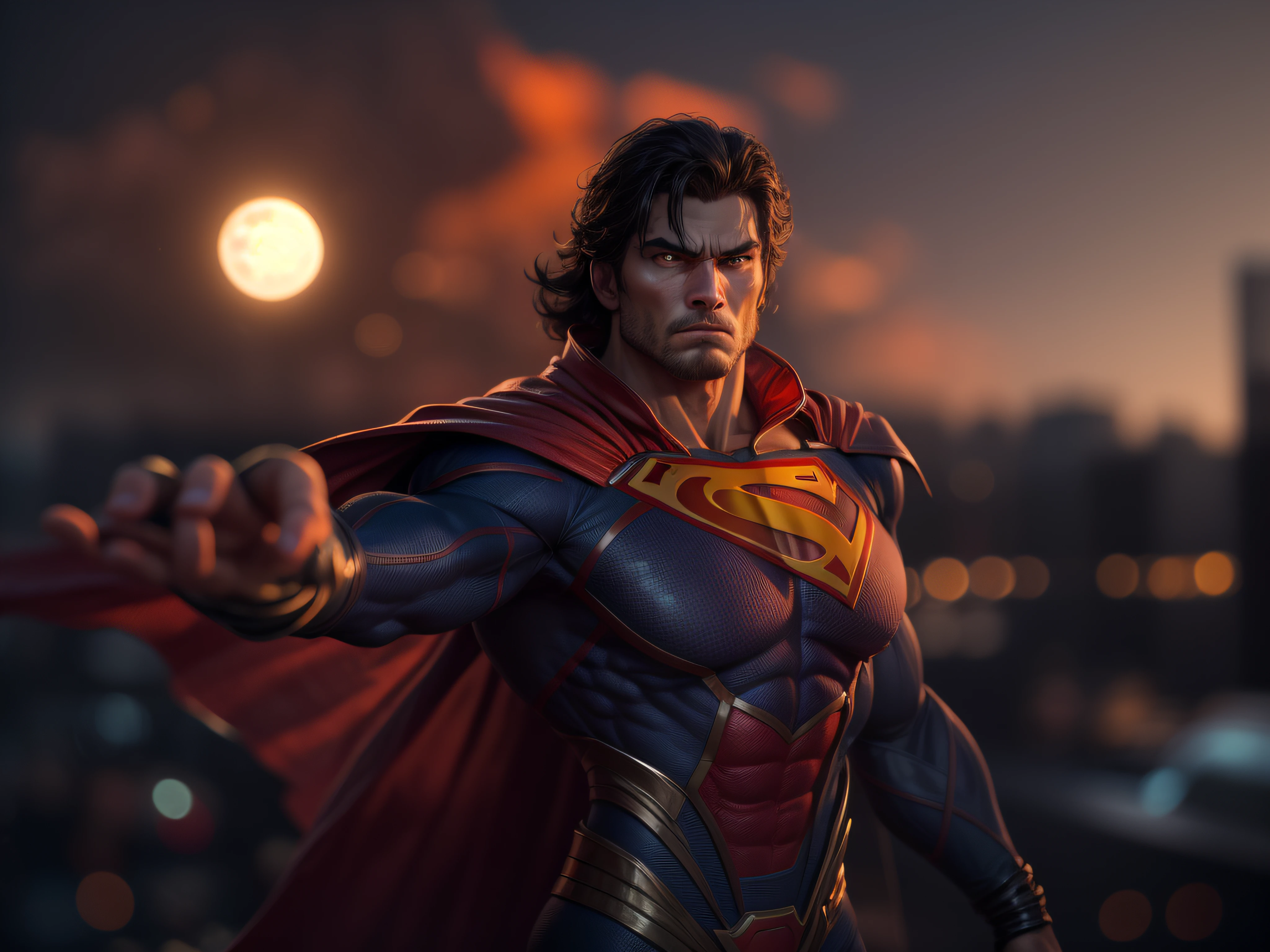 Close a powerful threat, The imposing appearance of the mighty Superman dressed in orange uniform, menacing stare, ricamente detalhado, Hiper realista, 3D-rendering, obra-prima, NVIDIA, RTX, ray-traced, Bokeh, Night sky with a huge and beautiful full moon, estrelas brilhando, 8k,
