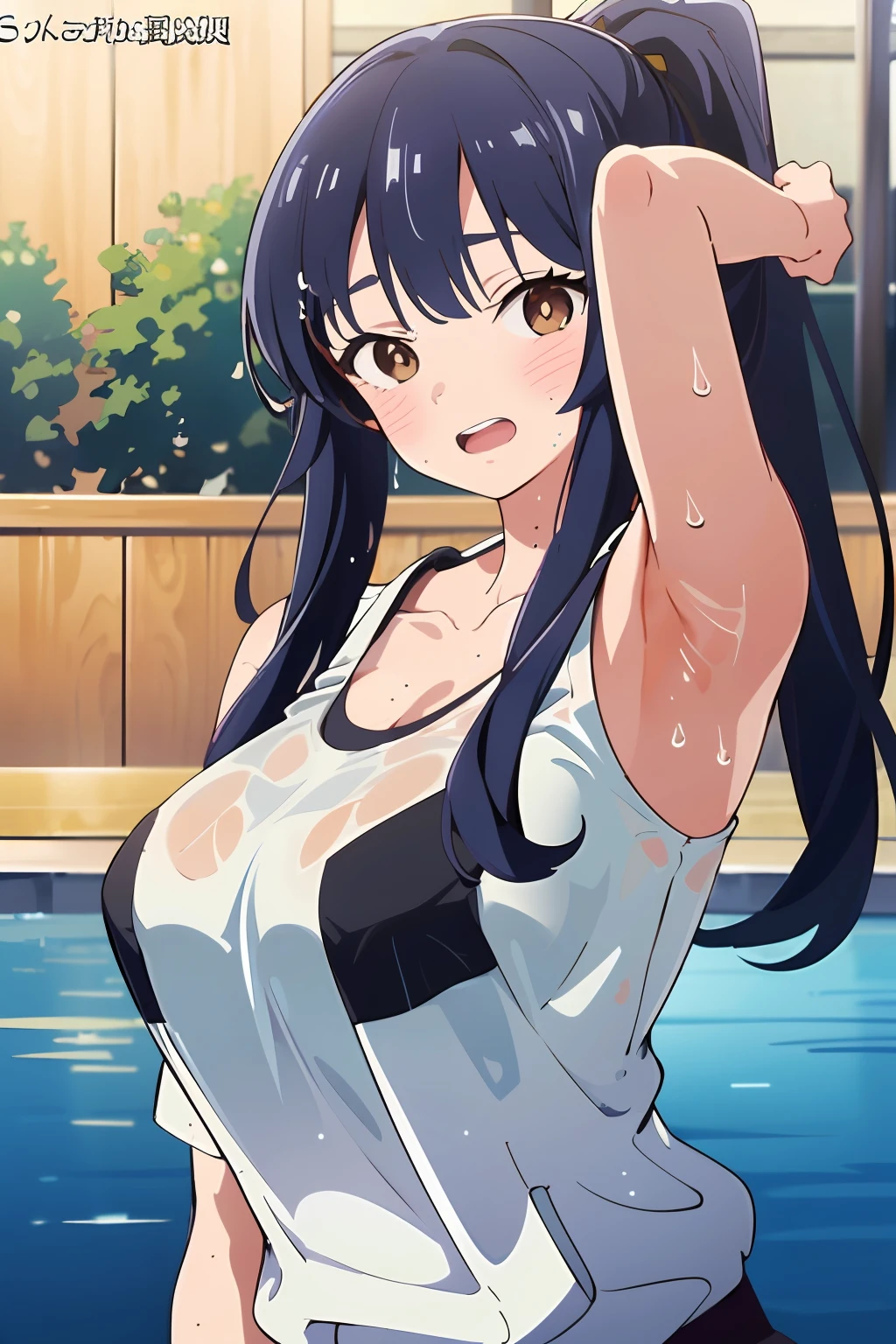 ,(Masterpiece:1.2, high quality), (pixiv:1.4),Anna yamada,large breast,
1girl, solo, sport bra, arm up, brown eyes, sweat, ponytail, blush, looking at viewer, blue hair, breasts, open mouth, wet, wet clothes, collarbone, upper body, large breasts, Presenting armpit