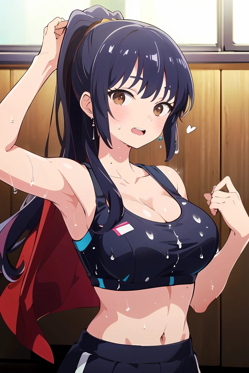 ,(Masterpiece:1.2, high quality), (pixiv:1.4),Anna yamada,large breast,
1girl, solo, sport bra, arm up, brown eyes, sweat, ponytail, blush, looking at viewer, blue hair, breasts, open mouth, wet, wet clothes, collarbone, upper body, large breasts, Presenting armpit