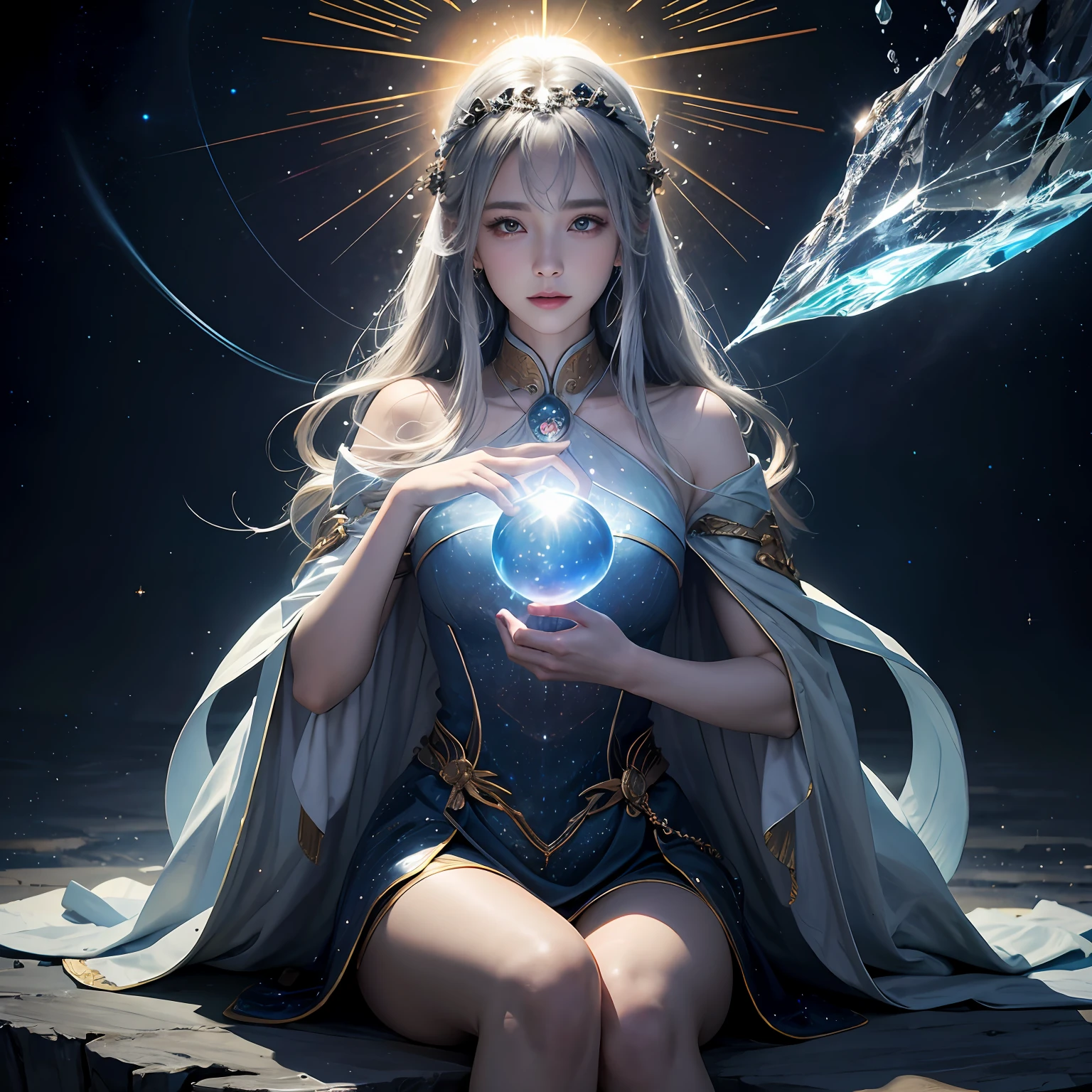 超高分辨率， best qualtiy， photore， 16k， tmasterpiece:1.3，（realisticlying： 1.2）， cinmatic lighting， Woman in the shape of a mythical god。It depicts the god holding the sun and moon，（（Dynamic background），radiating with light，Aura shrouded），（dynamicposes），Cast magic，Sit on the crystal），Float on the crystal in a bright white cape，Ultimate face，（afloat：1.3），cosmic starry sky，stunning detailed， 64k resolution，for an immersive and realistic visual experience。Let your work capture the essence of myth and wonder，leaving viewers in awe of its beauty and power。