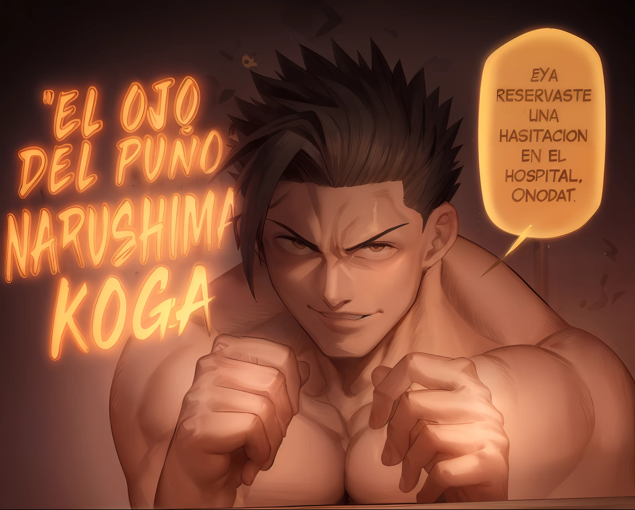 Joven musculoso en guardia para pelear, desnudo, fondo aura luminosa y oscuridad