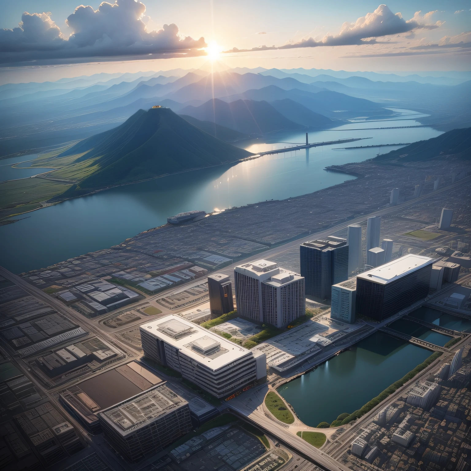 rectangle、buliding、The sun is visible in the upper right、near future、sportscar、Large buildings、small bridges