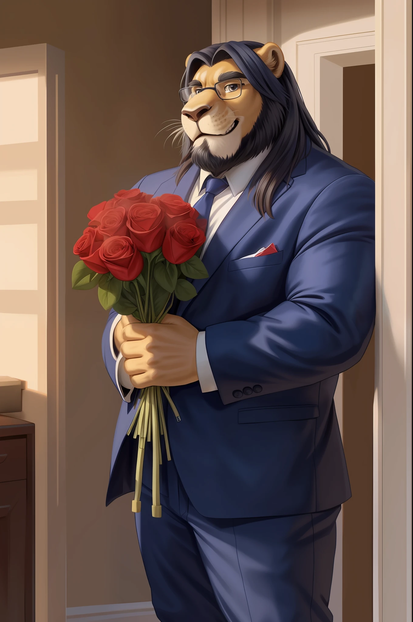 old chubby lion, accessory, anthro, glasses, (dark blue long hair:1.3), seductive look, bedroom eyes, looking at viewer, facial hair, inside, indoors, entering house, bouquet, clothing, countershading, flower, rose bouquet,holding bouquet, holding flower, holding object, male, mane, petals, pockets, rose, smile, solo, business suit,  (hi res, best quality, high quality, detailed, shaded, shading, masterpiece:),(by rossciaco, by adios)