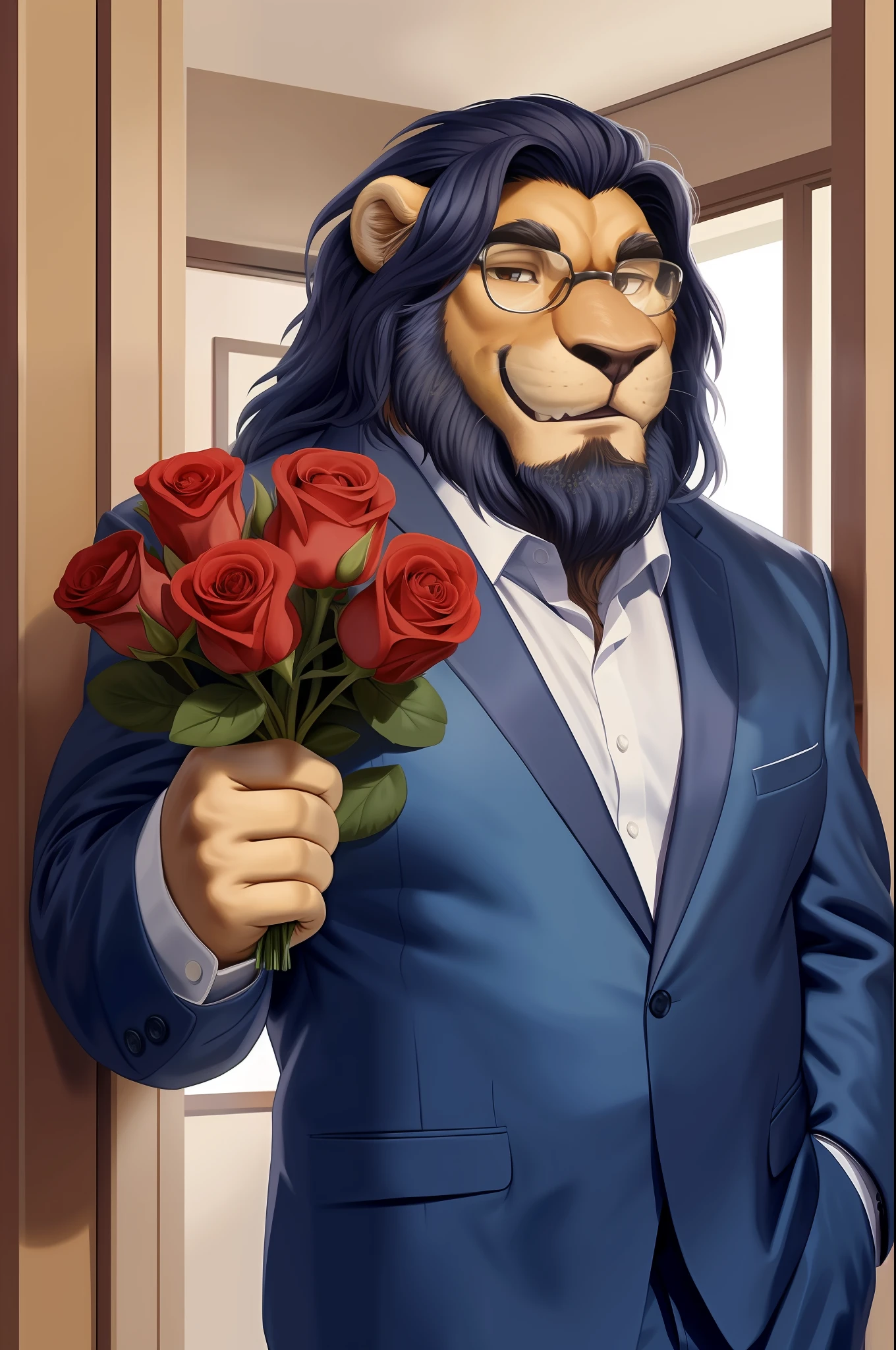 old chubby lion, accessory, anthro, glasses, (dark blue long hair:1.3), seductive look, bedroom eyes, looking at viewer, facial hair, inside, indoors, entering house, bouquet, clothing, countershading, flower, rose bouquet,holding bouquet, holding flower, holding object, male, mane, petals, pockets, rose, smile, solo, business suit,  (hi res, best quality, high quality, detailed, shaded, shading, masterpiece:),(by rossciaco, by adios)