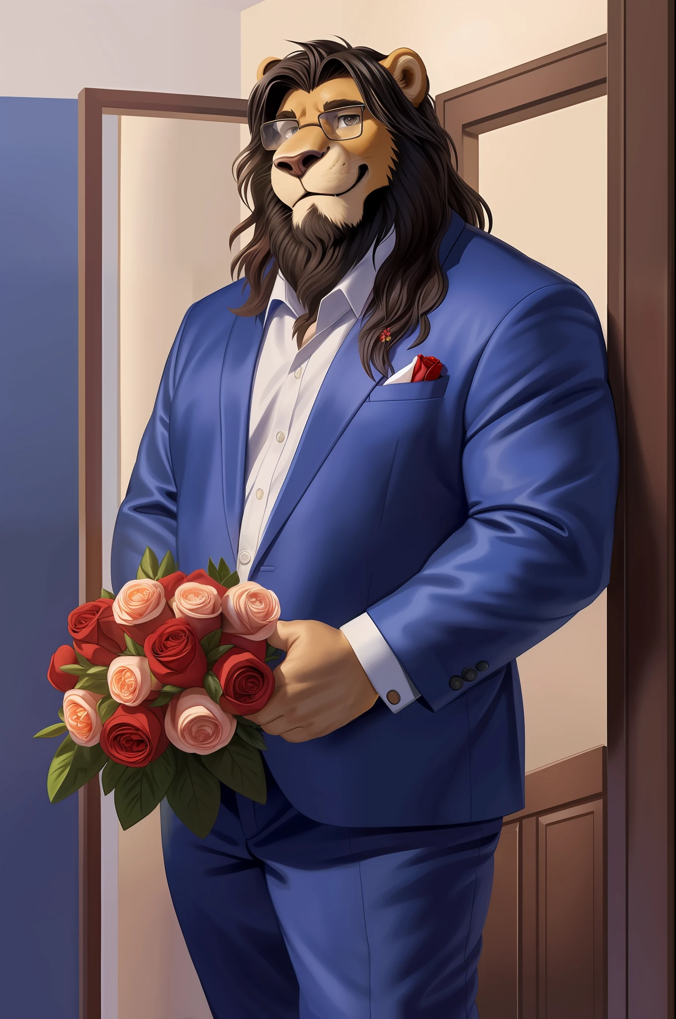 old chubby lion, accessory, anthro, glasses, (dark blue long hair:1.3), seductive look, bedroom eyes, looking at viewer, facial hair, inside, indoors, entering house, bouquet, clothing, countershading, flower, rose bouquet,holding bouquet, holding flower, holding object, male, mane, petals, pockets, rose, smile, solo, business suit,  (hi res, best quality, high quality, detailed, shaded, shading, masterpiece:),(by rossciaco, by adios)