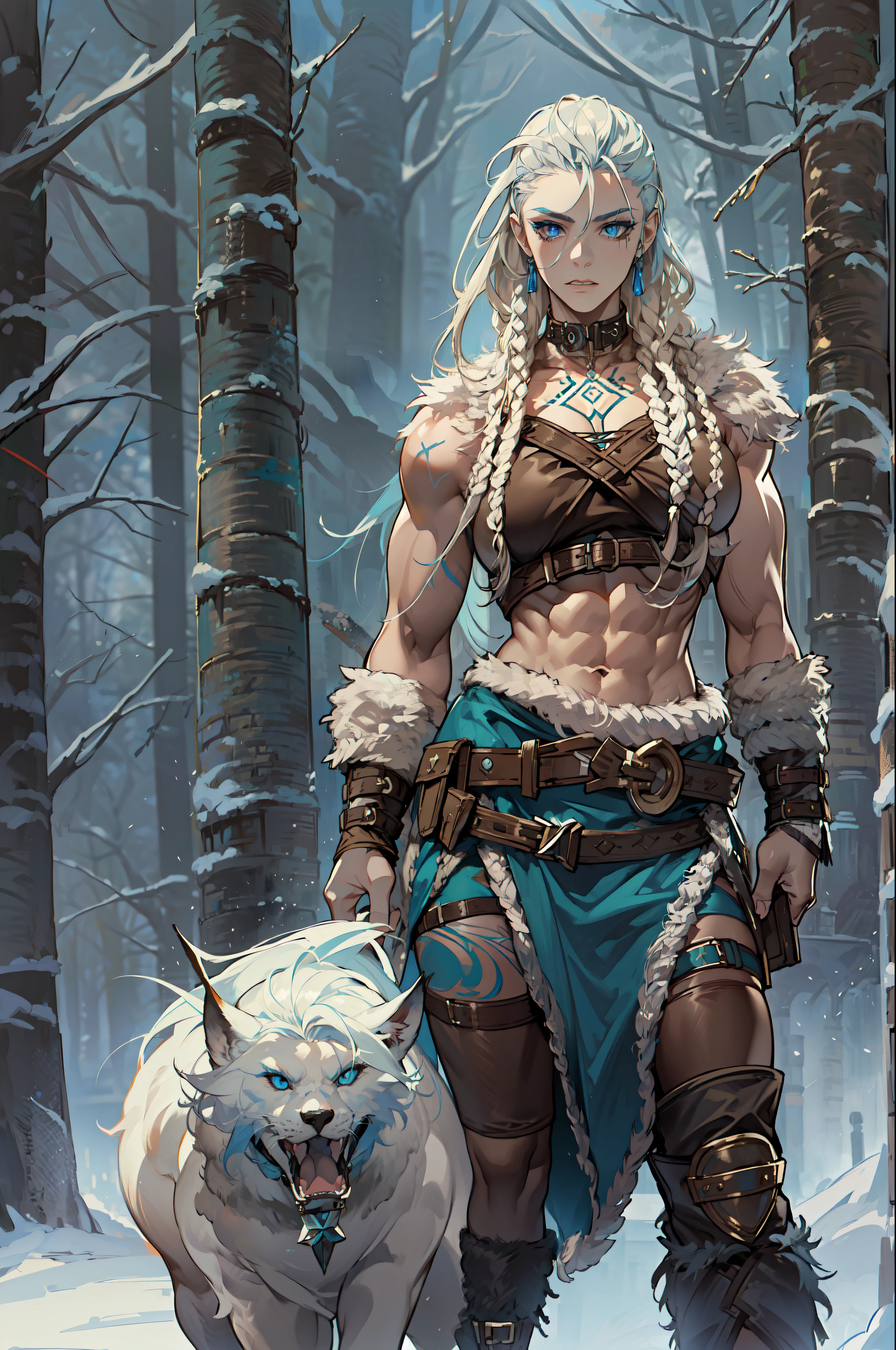 solo Female viking, (young:1.2), (muscular:1.2), fit, wearing brown furs and hides, (wearing furs:1.3) (blue norse tattoos:1.2), blue eyes, platinum blonde hair, (Dreadlocks:1.7), (Dreads:1.4), (Sideshave:1.6), warrior hair, Setting is a Scandinavian forest in winter, snow, bare arms, exposed naval, (abs:1.2). Highly detailed, norse, berserker, arm muscles, leg muscles, (bulky:1.2), leather straps, (large breasts:1.3), waist up, wide waist, stocky, (tall:1.4)