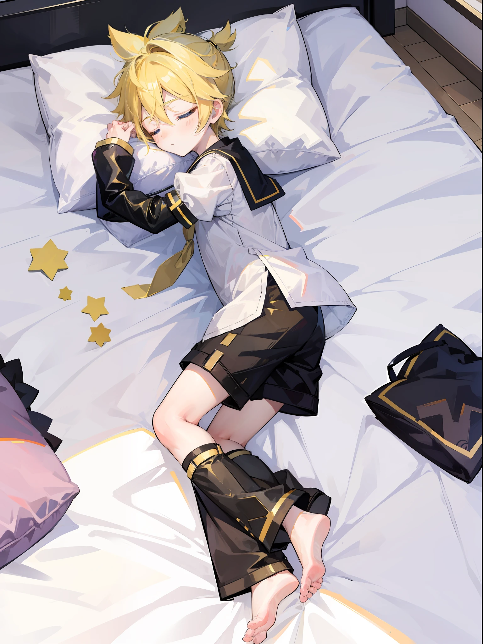 best quality, ultra precision, one boy, (Len_Kagamine), blond hair, shota, cowlick, on bed, lying on bed, character focus, black short pants, sailor uniform, your cute boyfriend, innocent, close eyes, sleeping, sleep peacefully, cute sleeping face, hold pillow, full body, slender