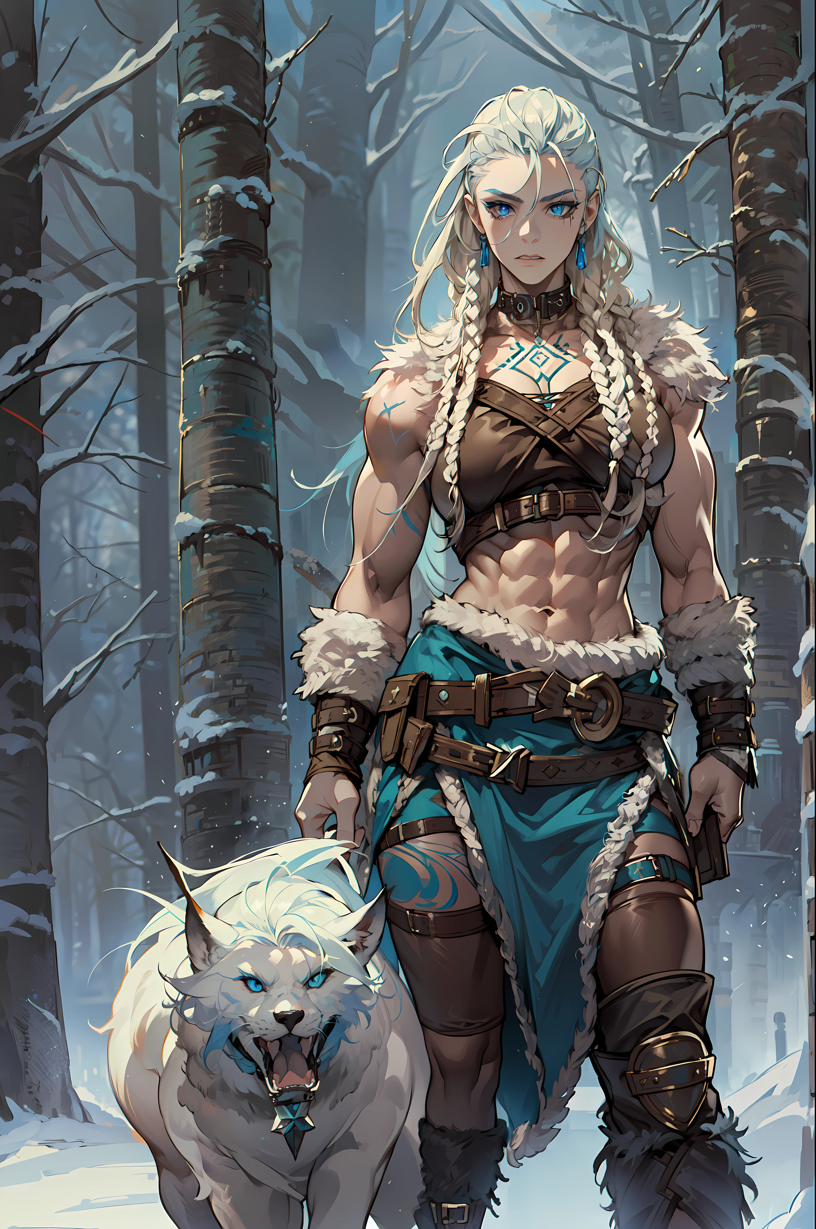 solo Female viking, (young:1.2), (muscular:1.2), fit, wearing brown furs and hides, (wearing furs:1.3) (blue norse tattoos:1.2), blue eyes, platinum blonde hair, (Dreadlocks:1.7), (Dreads:1.4), (Sideshave:1.6), warrior hair, Setting is a Scandinavian forest in winter, snow, bare arms, exposed naval, (abs:1.2). Highly detailed, norse, berserker, arm muscles, leg muscles, (bulky:1.2), leather straps, (large breasts:1.3), waist up, wide waist, stocky, (tall:1.4)