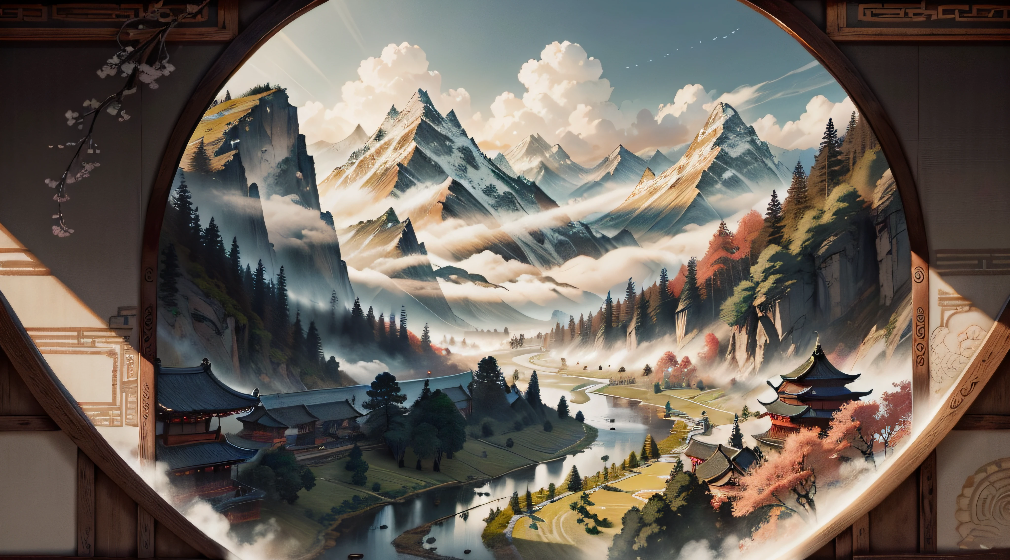 An ancient Chinese painting, ancient Chinese background, mountains, rivers, auspicious clouds, pavilions, sunshine, masterpieces, super detail, epic composition, ultra HD, high quality, extremely detailed, official art, unified 8k wallpaper, Super detail, 32k -- v 6