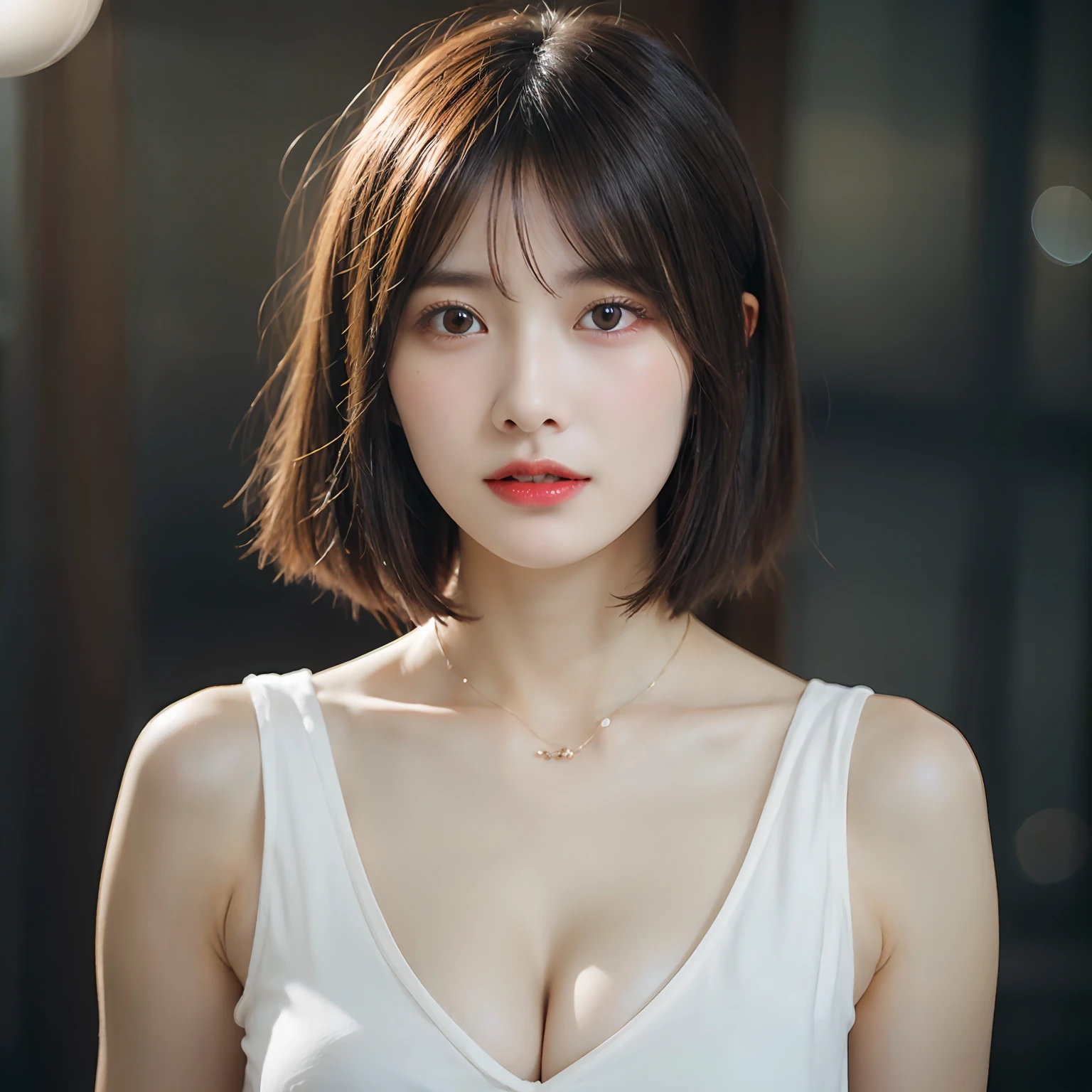 ((Layered Haircut、Colossal tits:1.2)),(photographrealistic:1.4), (Hyper realistic:1.4), (Realistic:1.3), (Smoother lighting:1.05), (increase cinematic lighting quality:0.9), 32K, 1girl in,25-years old, Realistic lighting, Backlighting, Light on Face, raytrace, (Brightening light:1.2), (Increase quality:1.4), (Top quality real texture skins:1.4), finely detailed eyes, finerly detailed face, (tired and sleepy and joy:0),a necklace, (Increase body line mood:1.1), (Increase the beauty of skin texture:1.1),Colossal tits,cunt,The whole body is reflected