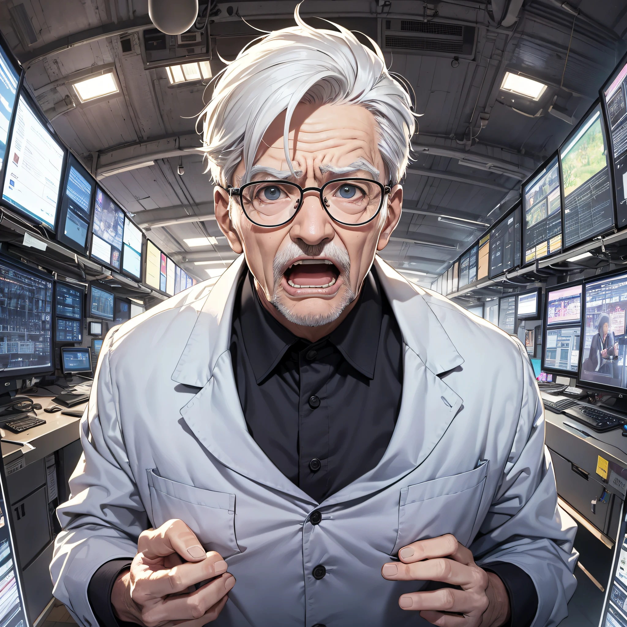 Ridiculous resolution,A high resolution,(tmasterpiece:1.4),1 old man with short white hair dressed as a scientist,Surprised and shocked expression(1.2),Open-mouthed,The background is a large scientific observatory with lots of big screens