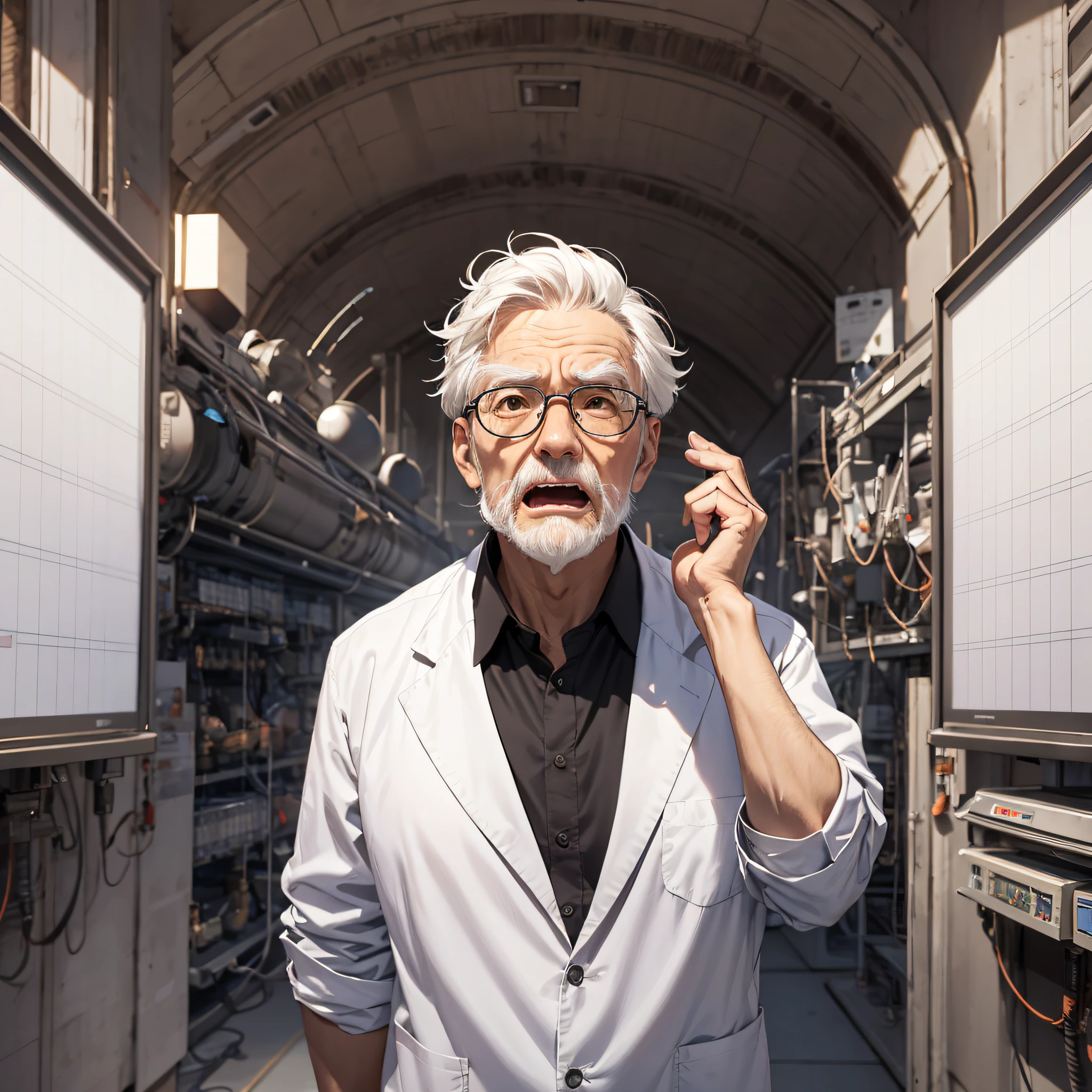 Ridiculous resolution，A high resolution，（tmasterpiece：1.4），1 old man with short white hair dressed as a scientist，Surprised and shocked expression（1.2），Open-mouthed，The background is a large scientific observatory with lots of big screens