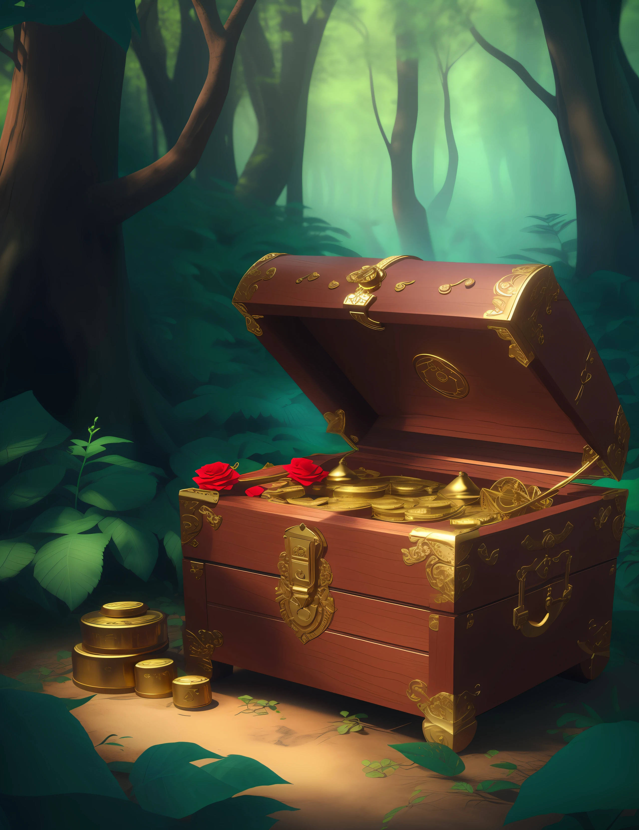 There is a chest with gold coins and a red rose in the forest, hiding large treasure chest, treasure chest, treasure chests, ouro e tesouro, fundo do tesouro, olhando para a caixa do tesouro, Caixa de saque, tesouro acumular, tesouro, fundo da floresta steampunk, Directed by: Arthur Pan, rolands zilvinskis 3d render art, artefato do tesouro