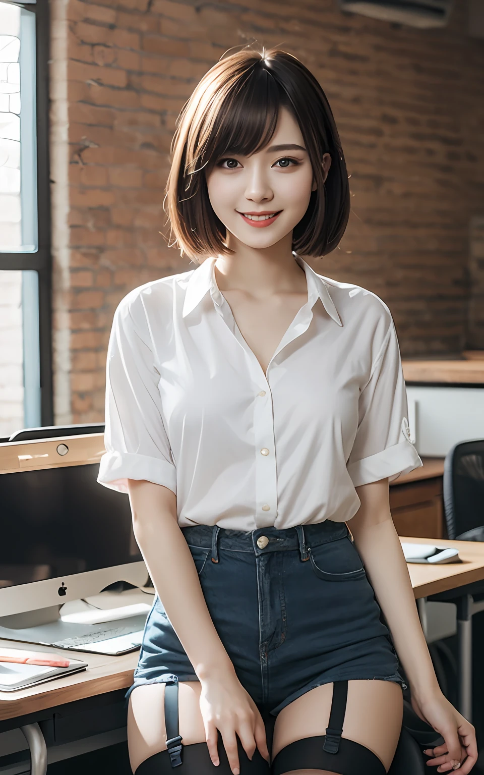Highly detailed CG Unity 8k wallpaper, top quality, super detailed, masterpiece, realistic, photorealistic, highly detailed cute girl, 25 years old, (black garter belt), smile, parted lips, round eyes, medium breasts, viewer, full body shot ,office, desk , sitting , casual shirt , short hair