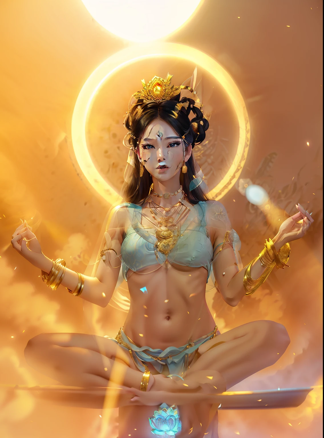 The beautiful goddess sits on a large lotus flower,Gentle expression,16 yaers old,(((body high:1.5))),((middlebreast:1)),(Abs:0.7),(glute:1.2),(healthy-looking skin, Thin skin, seductiveexpression, 二重まぶた,Jelly textured lips, Glowing lips,Small upturned lips,Shiny skin,(((Flawless skin texture))),Real pores,ctextured skin,choker necklace,Yingluo,(Dynamic hair,Hair hanging down the shoulders,Beaded hairpins,Fancy crown,Nobile,Yingluo,choker necklace),Glossy glossy skin,Glowing skin,Radiant hair,eyes looking at the lens,There was a round light behind him,Light,Blue sky less white clouds,
High quality detailing, Cinematic lighting,absurderes, unbelievable Ridiculous, hugefilesize, ultra - detailed, A high resolution, The is very detailed,best qualtiy,tmasterpiece,illustratio,The is very detailed,CG,unified,8k 壁纸,Amazing Cleavage,finely detailled,tmasterpiece,(((dynamicposes))), ((Correct anatomy)),(((Correct dissection))