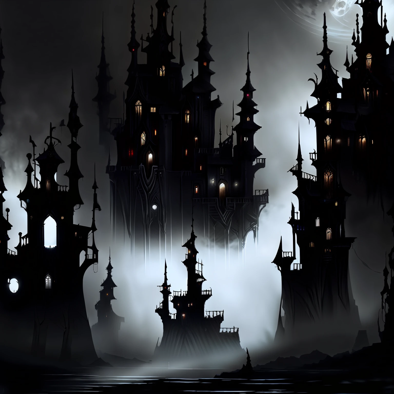 Blood Moon,Black night,Fortress of fantasy, 8K,enviroment(gloom),guarding,terroral,Highlight the castle,Vivid colors,The fog is thick