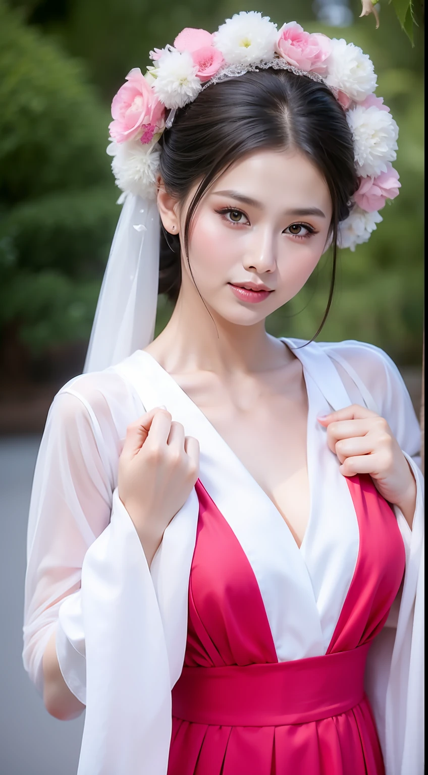 Fashion model  [[[[closeup cleavage]]]], [[[[boobgasm]]]], [[[[coll]]]], [[[[bshoulders]]]], perfect  eyes, Perfect iris，perfect lips，perfect teeth，Perfect skin，Long face，HDR，filmgirl，red attire，white apparel，Pink clothing，White or pink flowers on the background，（pastel colour：1.2）