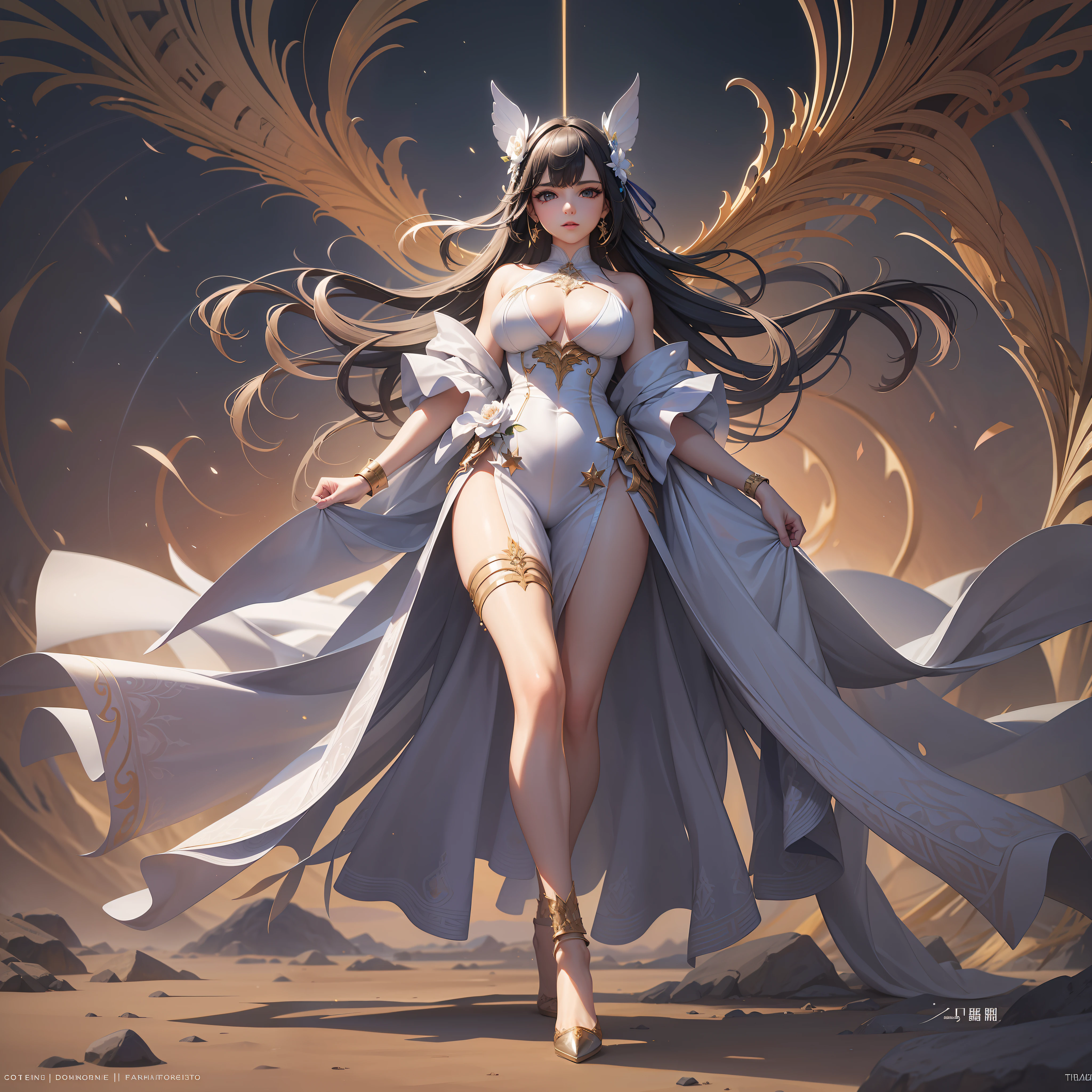 (tmasterpiece,top-quality,best qualityer,offcial art,Beauty and aesthetics:1.2),(1girll),extremy detailed,(s fractal art:1.3),rich colourful,highest details,s the perfect face,Full body photo,hdr,(Short white dress:1.2),galaxias,(light stre),striking visual effects,(dynamic streaks,Luminous trajectory:1.2),vivd colour,(high-heels:1.2),超高分辨率,Photoreality,rays of sunshine,full-body portraits,stunningly beautiful,,dynamicposes,delicated face,Vibrant eyes,opulent,milkyW,Highly detailed skin,Realistic details of skin,Visible Pore,tack sharp focus,volume fog,8K UHD,Digital SLR