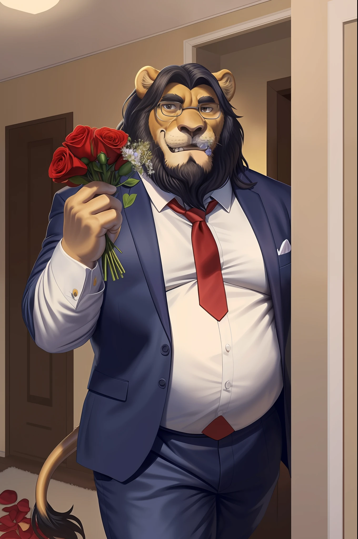 old chubby lion, accessory, anthro, glasses, (dark blue long hair:1.3), seductive look, bedroom eyes, smirk, looking at viewer, facial hair, inside, indoors, entering house, bouquet, clothing, countershading, flower, rose bouquet,holding bouquet, holding flower, holding object, male, mane, petals, pockets, rose, smile, solo, business suit, (hi res, best quality, high quality, detailed, shaded, shading, masterpiece:),(by rossciaco, by adios)