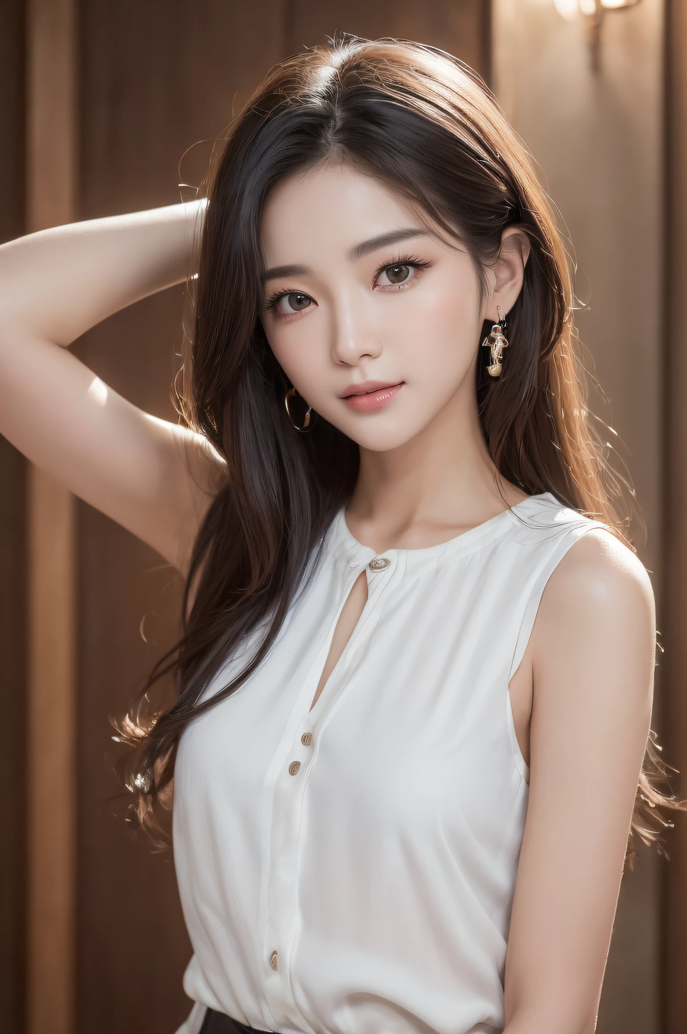 ((best qualtiy、8k masterpieces:1.3))、foco nítido:1.2、(ultra beautiful faces:1.0)、(shinny skin:1.0)、photos realistic、A dark-haired、Video Lighting、High-definition eyes and face、Video Lighting、(cowboy shot:1.3)、(Korean Cute Actress)、from the front side、ssmile、Sleeveless、Slender Abs Beauty、Wearing a white blouse