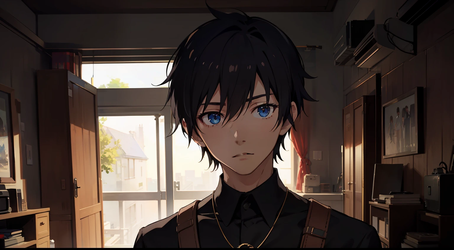 1boy, apple, bag, bangs, berry, black hair, black shirt, blue eyes, hair between eyes, jewelry, leaf, looking at viewer, male focus, necklace, pants, shirt, solo, watch, white pants, wristwatch, messy hair, trending on artstation, 8k resolution, highly detailed, anatomically correct, sharp image, digital painting, concept art, trending on pixiv, style of makoto shinkai,