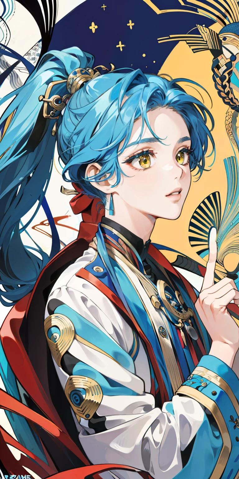 ((masterpiece:1.2, best quality)), super-fine, ultra-fine depiction, ultra-fine depiction, (zentangle:1.2), (dynamic pose), (abstract background:1.5), Long hair with a high ponytail, blue hairs, 1girl , a color, portrait, (top down:1.2)，Yellow eyes