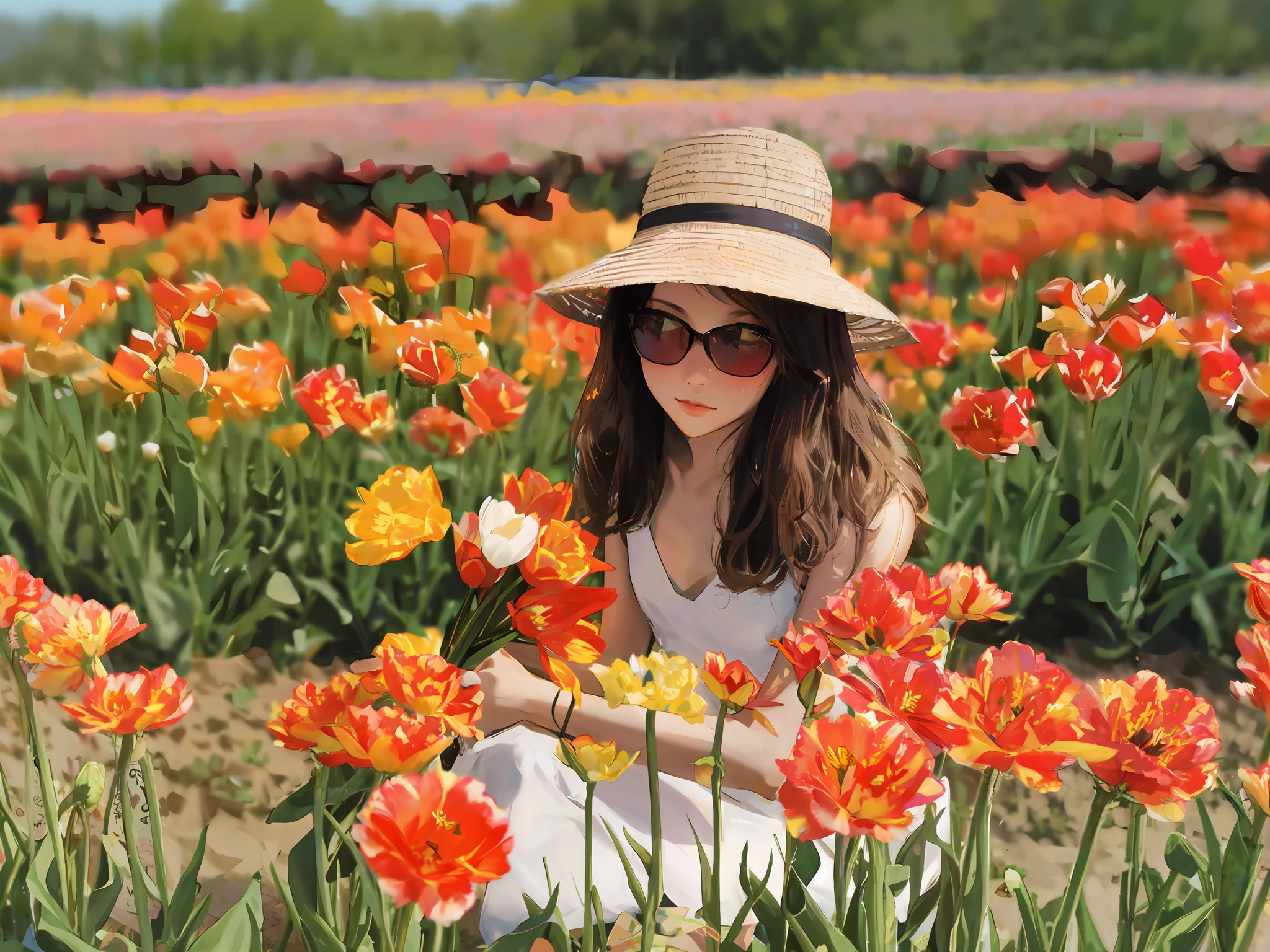 a pretty chinese woman in a sun hat and sunglasses kneeling in a field of tulips, wearing a white sleeveless halter dress, the girl is tall and slim with long wavy brown hair, holding a bouquet of tulips, girl in a tulips field, girl in flowers, girl kneeling in a flower field, in a field of flowers, sitting in a field of flowers, in a field with flowers