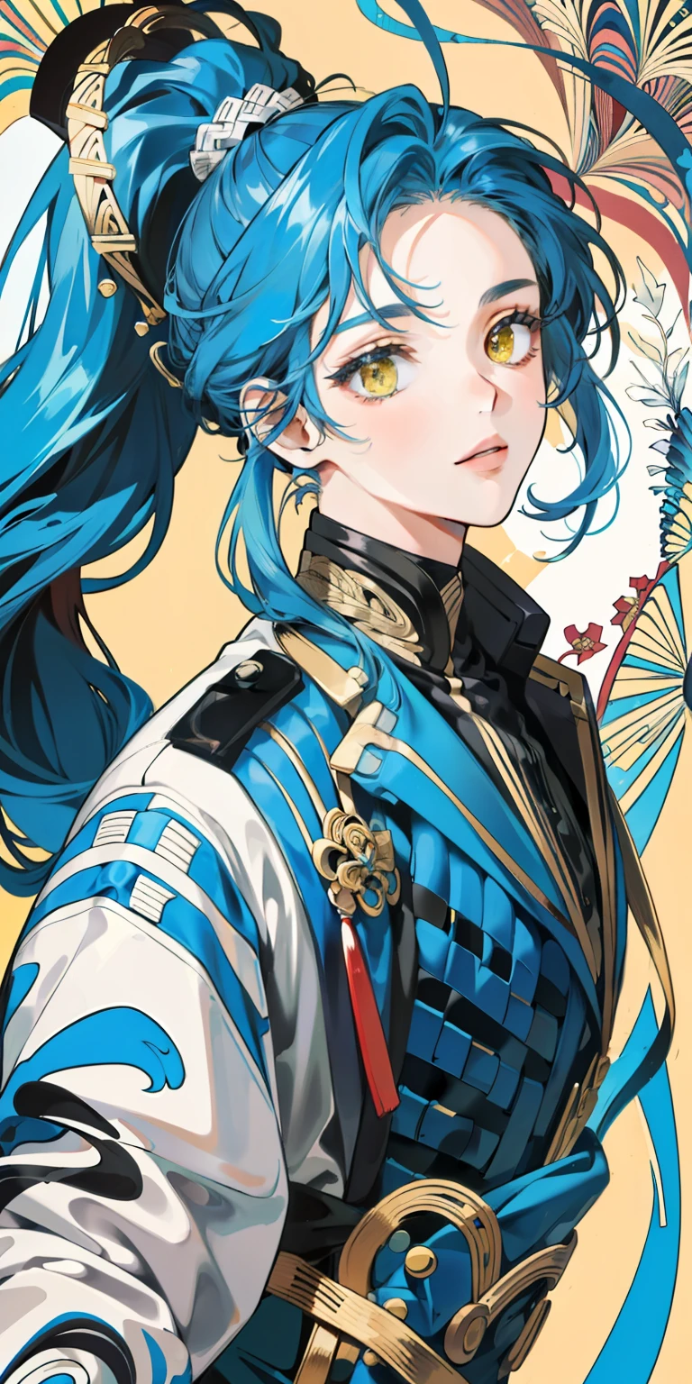 ((masterpiece:1.2, best quality)), super-fine, ultra-fine depiction, ultra-fine depiction, (zentangle:1.2), (dynamic pose), (abstract background:1.5), Long hair with a high ponytail, blue hairs, 1girl , a color, portrait, (top down:1.2),Yellow eyes