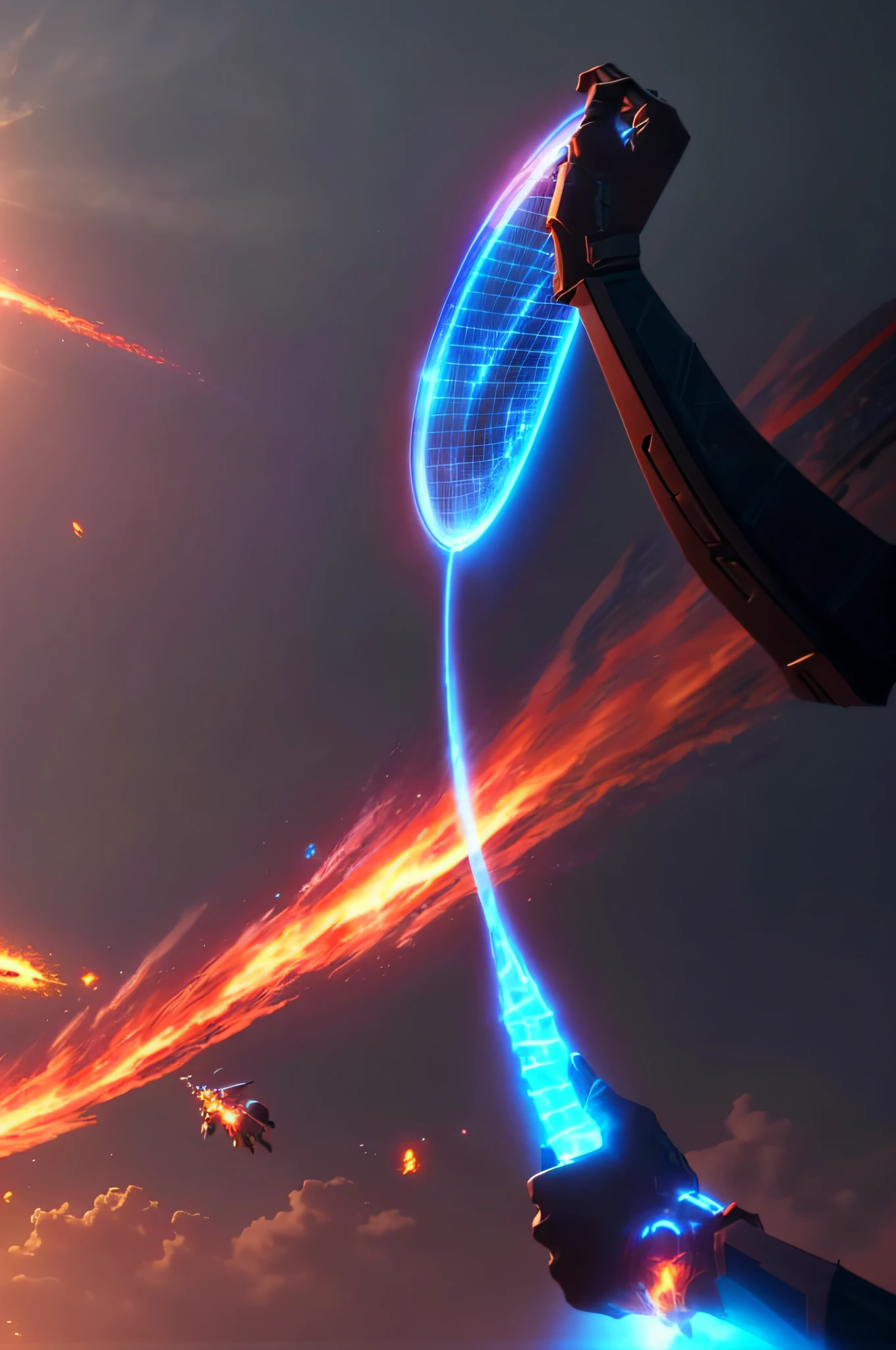 1robot fighting monsters , glowing eyes, glowing armor, red and blue mecha \(mjstyle\) ,zhongfenghua, wings ((cinematic lighting, high key,   high contrast,  ))  (reflective  , hard surface, omit details, ) smoke, fire, explosions,energy beams
 dynamic angle, dynamic pose , weapon,   (photorealistic:1.5) depth of field,  sunny sky, strong sunlight, lens glare, 
official art, unity 8k wallpaper, ultra detailed, beautiful and aesthetic,  realistic, (fractal art), epic scene, highres, (masterpiece), (best quality), pov from  below
