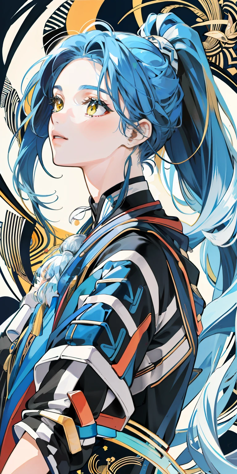 ((masterpiece:1.2, best quality)), super-fine, ultra-fine depiction, ultra-fine depiction, (zentangle:1.2), (dynamic pose), (abstract background:1.5), Long hair with a high ponytail, blue hairs, 1girl , a color, portrait, (top down:1.2),Yellow eyes