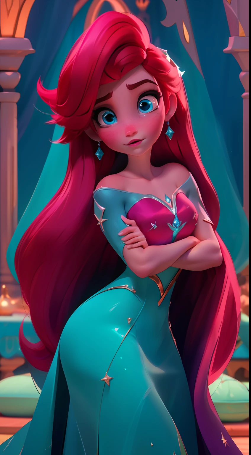 Elsa-Ariel Fusion, Mesclando modelos, melting, Roupas da Ariel, 1girl, Beautiful, character, Woman, female, (master part:1.2), (melhor qualidade:1.2), (sozinho:1.2), ((pose de luta)), ((campo de batalha)), cinemactic, olhos perfeitos, pele perfeita, perfect lighting, sorrir, luz, cor, pele texturizada, detalhe, Beleza, maravilha, ultra-detalhado, rosto perfeito