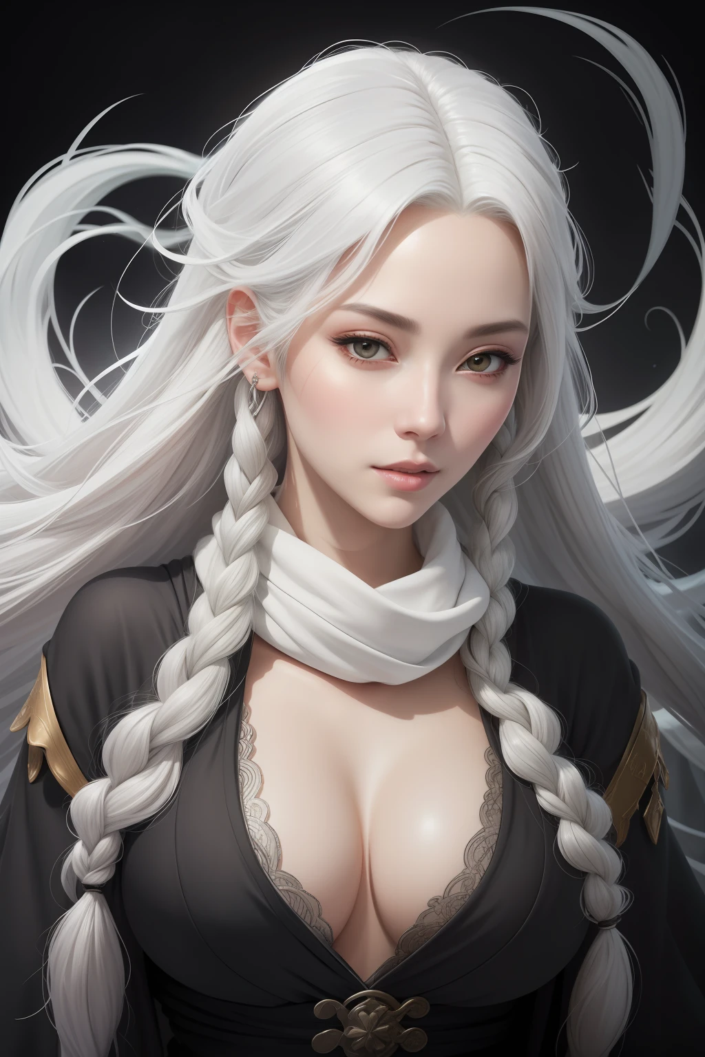 Close-up of a woman with white hair and a black scarf，a character portrait by Yang J，Pixiv competition winner，Fantasyart，white-haired god，Beautiful character painting，Guviz-style artwork，Yuki Onna's glareing gaze，Guweiz，long  white hair，Long white hair，flowing hair and long robes，gigantic cleavage breasts，Leaking areola