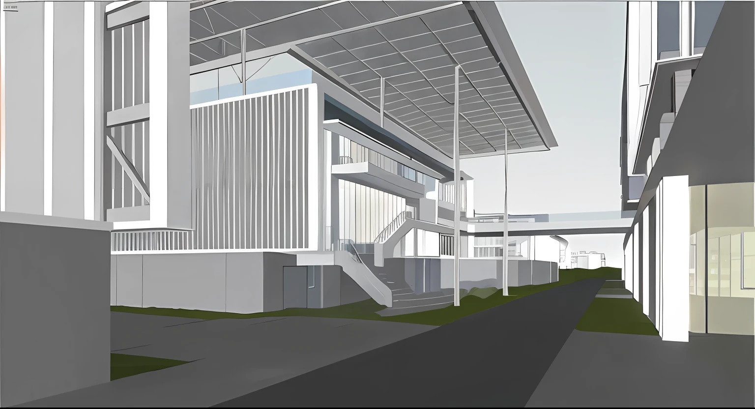Modern architectural renderings with sidewalks and sidewalks, conceptual rendering, detail render, Detailed rendering, Office