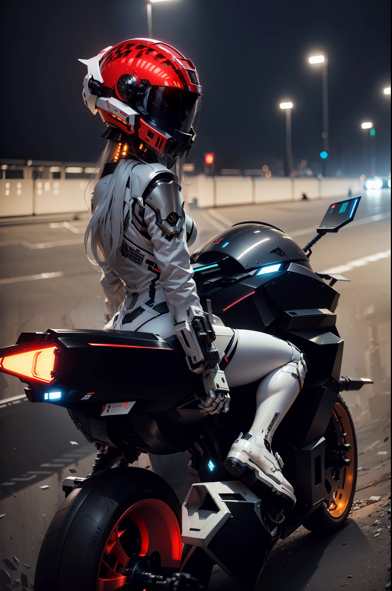 Sexy cyberpunk female knight with long white hair,long white hair,Black cyberpunk mech costume,High-tech white all-inclusive helmet,Biomechanicals, MSHN Robot Man,High-tech helmet,hyper realisitc, Steel, Complex design, insanely details, finely detailled, Extremely clear lines, cinmatic lighting, photograph realistic, A detailed masterpiece