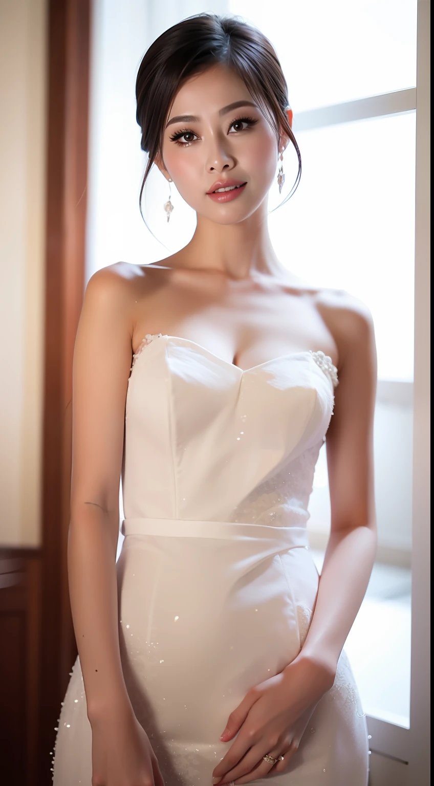 Fashion model 18 years old [[[[closeup cleavage]]]], [[[[boobgasm]]]], [[[[coll]]]], [[[[bshoulders]]]], perfect  eyes, Perfect iris，perfect lips，perfect teeth，Perfect skin，Long face，Soft front light，HDR，filmgirl,wedding gown，（pastel colour：1.2）
