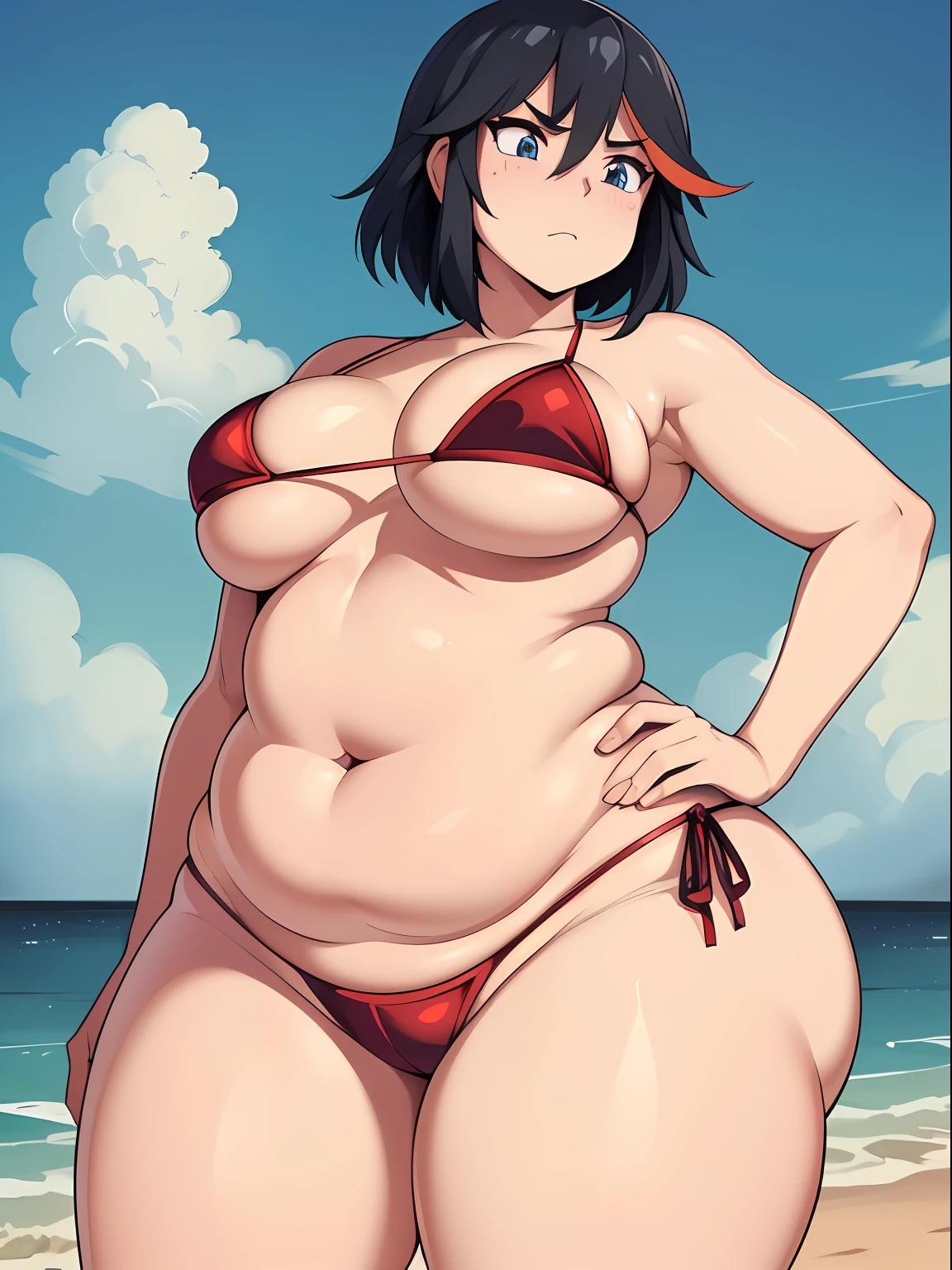 ((kipteitei)), ((masterpiece)), (((best quality))), ((ultra-detailed)), (((illustration))), detailed face, ultra cute face, detailed body, ((Line art)), (in the style of cell shaded), (vivid colors), skindentation, ((1girl)), ((solo)), matoi ryuuko, side tie bikini, undersized bikini, hand on hip, looking at viewer, cowboy shot, blushing, embarrassed, standing on beach, medium breasts, perky breasts, ((wide hips)), (((thick thighs))), thicc, ((fat ass)), ((chubby)), (fat folds),