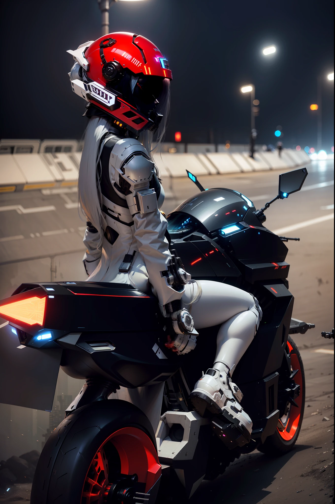 Sexy cyberpunk female knight with long white hair,long white hair,Black cyberpunk mech costume,High-tech white all-inclusive helmet,Biomechanicals, MSHN Robot Man,High-tech helmet,hyper realisitc, Steel, Complex design, insanely details, finely detailled, Extremely clear lines, cinmatic lighting, photograph realistic, A detailed masterpiece